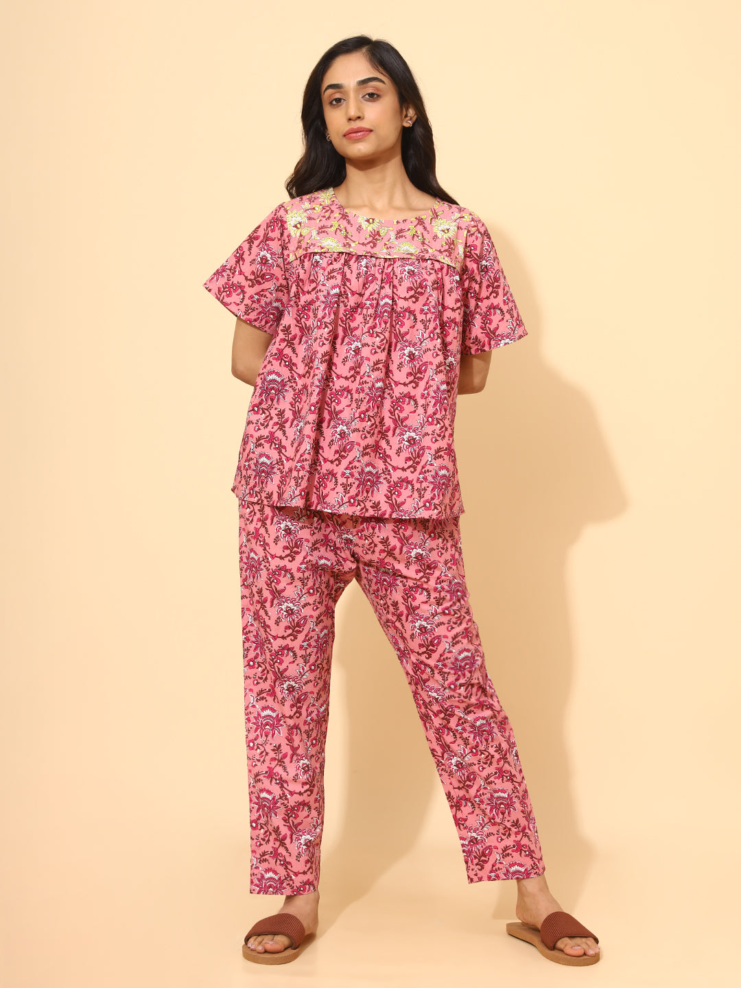 Yellow Bloom Maroon Blossom Co ord Pant Set for Women | Pyjama and Top | Pink and Maroon Flower Print| Work from Home Wear | Night Wear | Staycation | Hostels/PGs Wear | Lounge Dress| Pure Cotton
