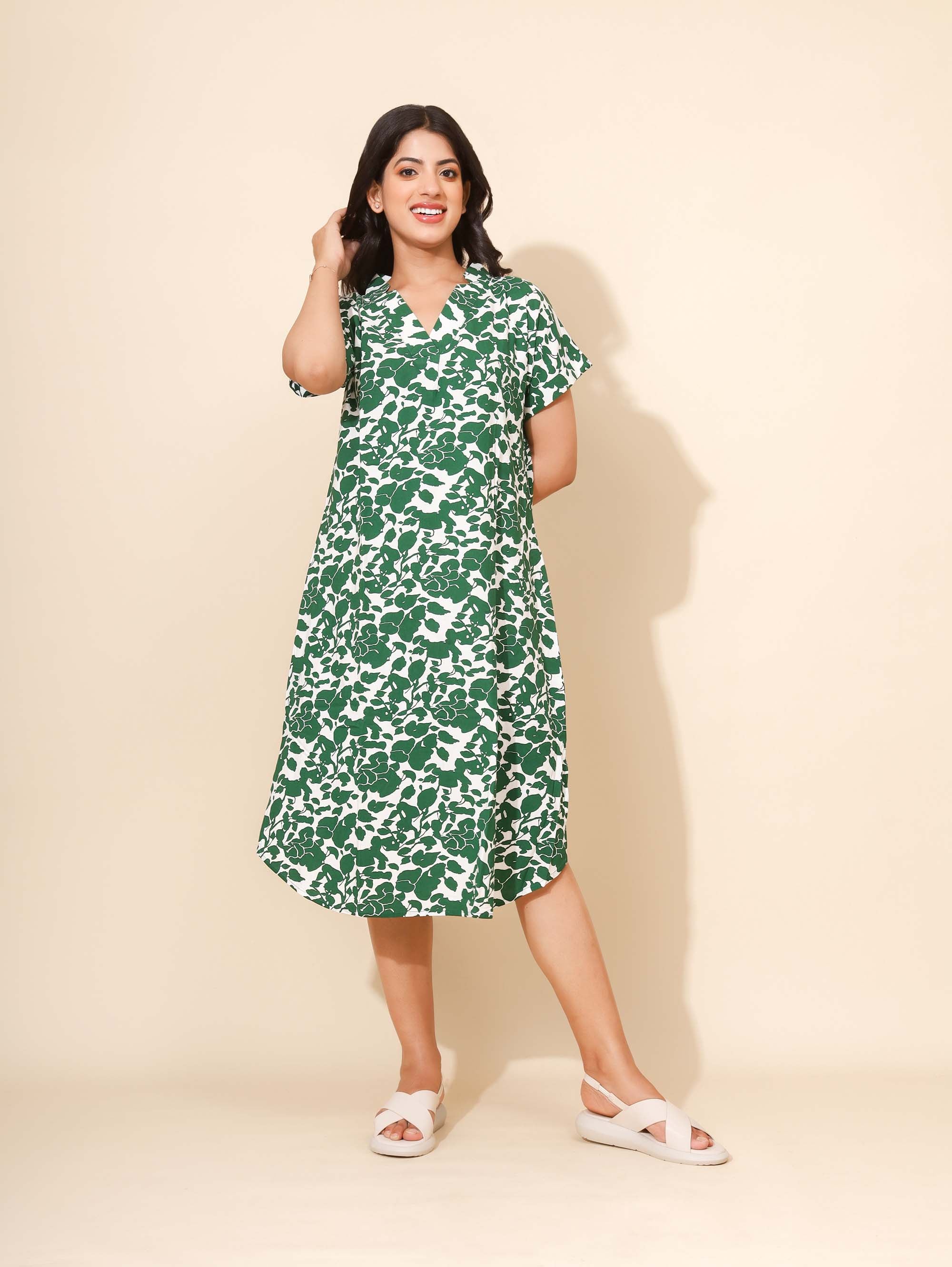 Yellow Bloom Forest Elegance Nighties for Women | Short Dress | Green & White Floral Print  | Knee Length | All-day Wear | Hostels/PGs/Campus Wear | Picnic Wear | Lounge Dress | Pure Cotton