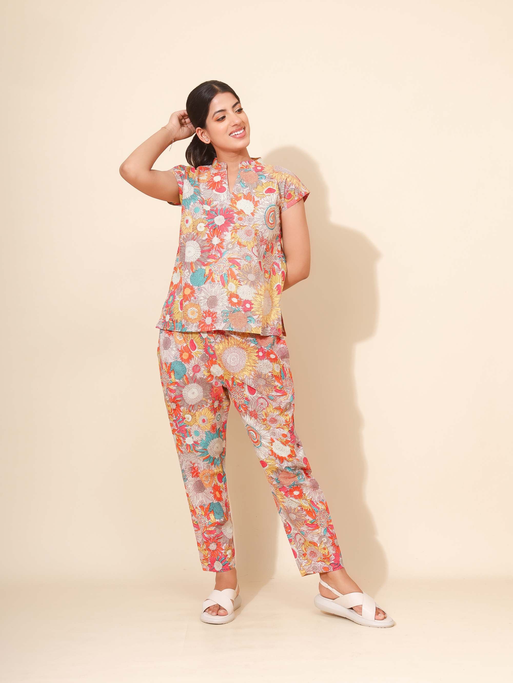 Yellow Bloom Floral Symphony Co ord Pant Set for Women | Pyjama and Top | Multicolor with Flower Print| All-day Wear | Hostels/PGs/Campus Wear | Travel Wear | Picnic Wear | Lounge Dress | Pure cotton