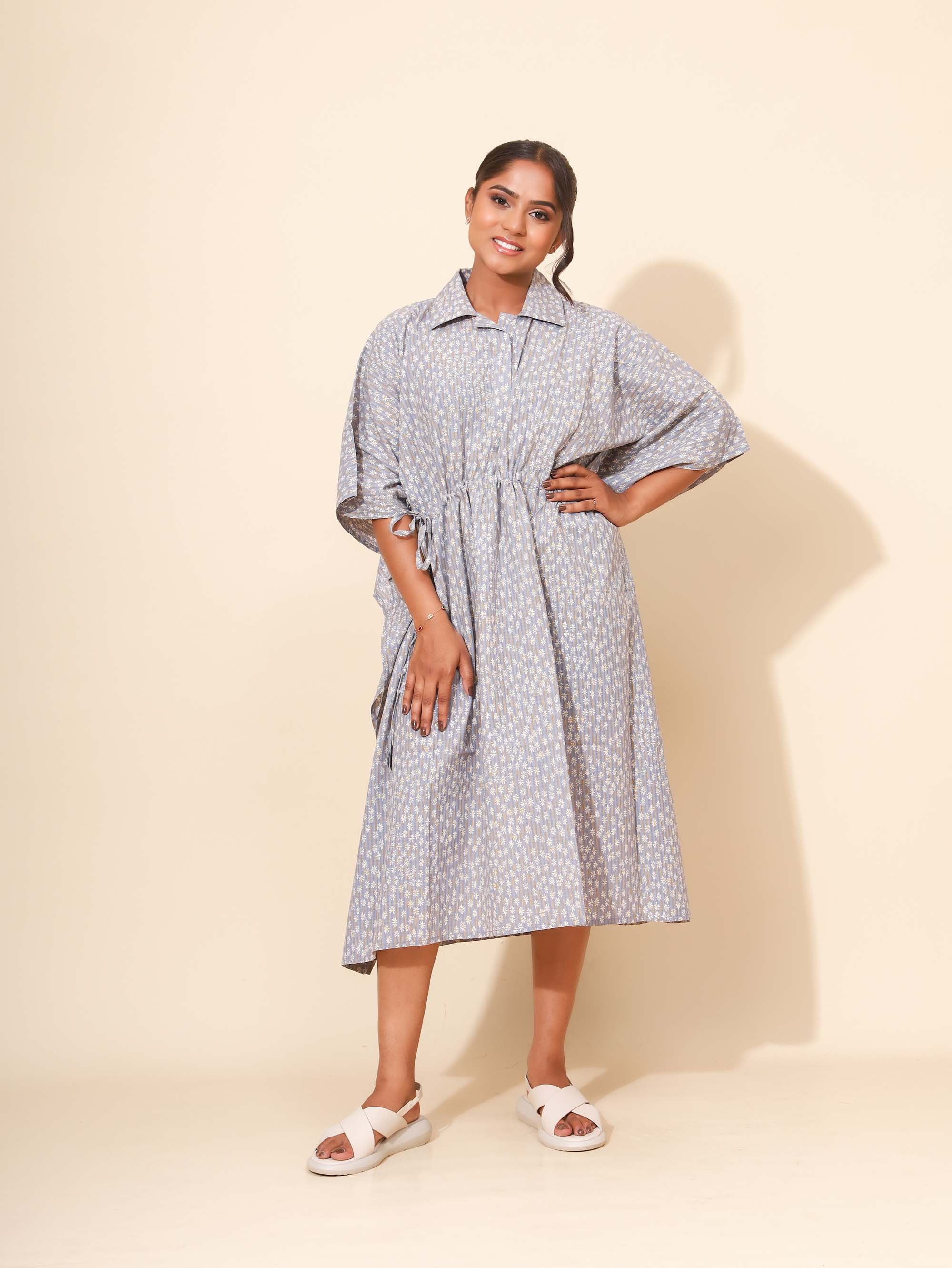 Yellow Bloom Sunlit Slate Bloom Kaftan Nighties for Women | Short Dress | Grey Floral Print | All-day Wear | Travel & Leisure Dress | Knee length | Stylish and Versatile | Lounge Nighty | Pure Cotton