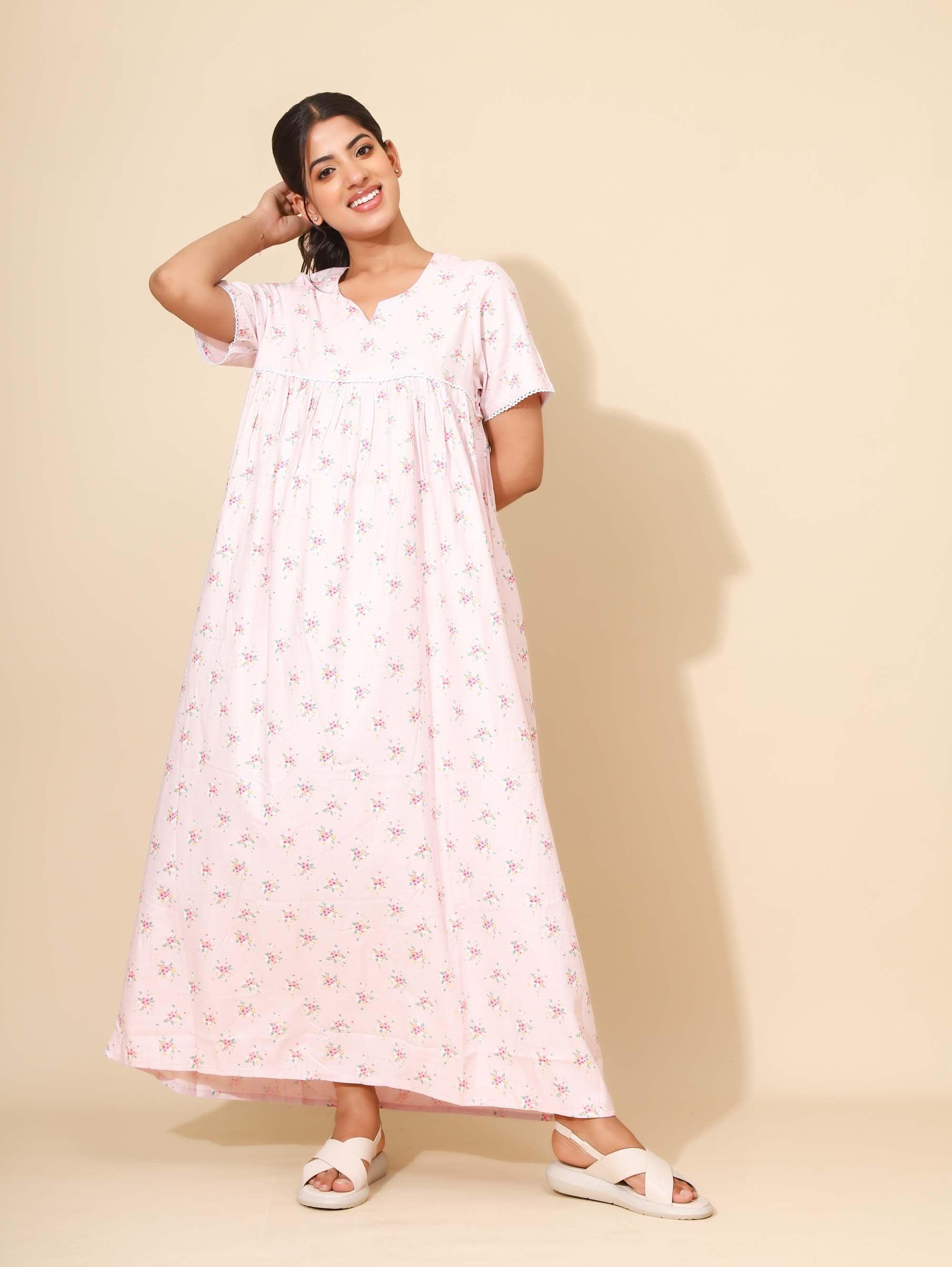 Yellow Bloom Petals in Pink Nighties for Women | Maxi Dress | Pink with Floral Print  | All-day Home Wear | Families Wear | Ankle Length | Night Gown | Lounge Wear | Round Neck | Rayon | Viscose 