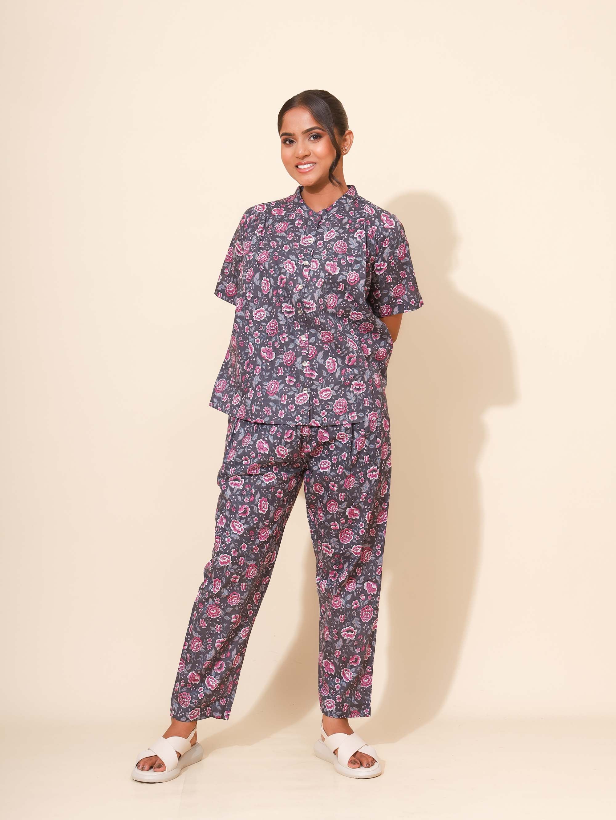 Yellow Bloom Rosy Night Bloom Co ord Pant Set for Women | Pyjama and Top | Gray and Pink with Flower Print| Daily Wear | Nuclear families/Hostels/PGs Wear | Travel Wear | Lounge Dress | Pure Cotton