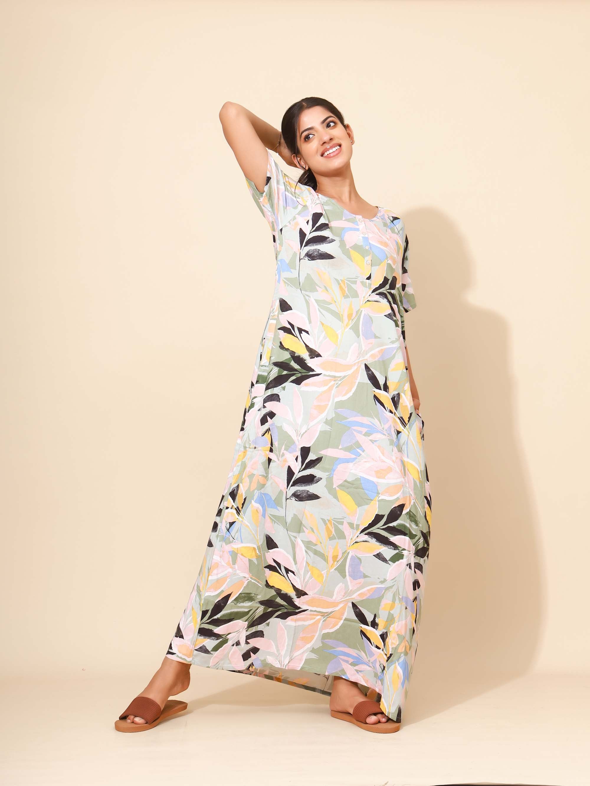 Yellow Bloom Whimsical Pastel Harmony Nighties for Women | Multicolor Maxi Dress | Leaf Print | Comfortable Daily Wear | Casual Wear | Ankle Length | Stylish Nighty | Button Closure | Front Placket