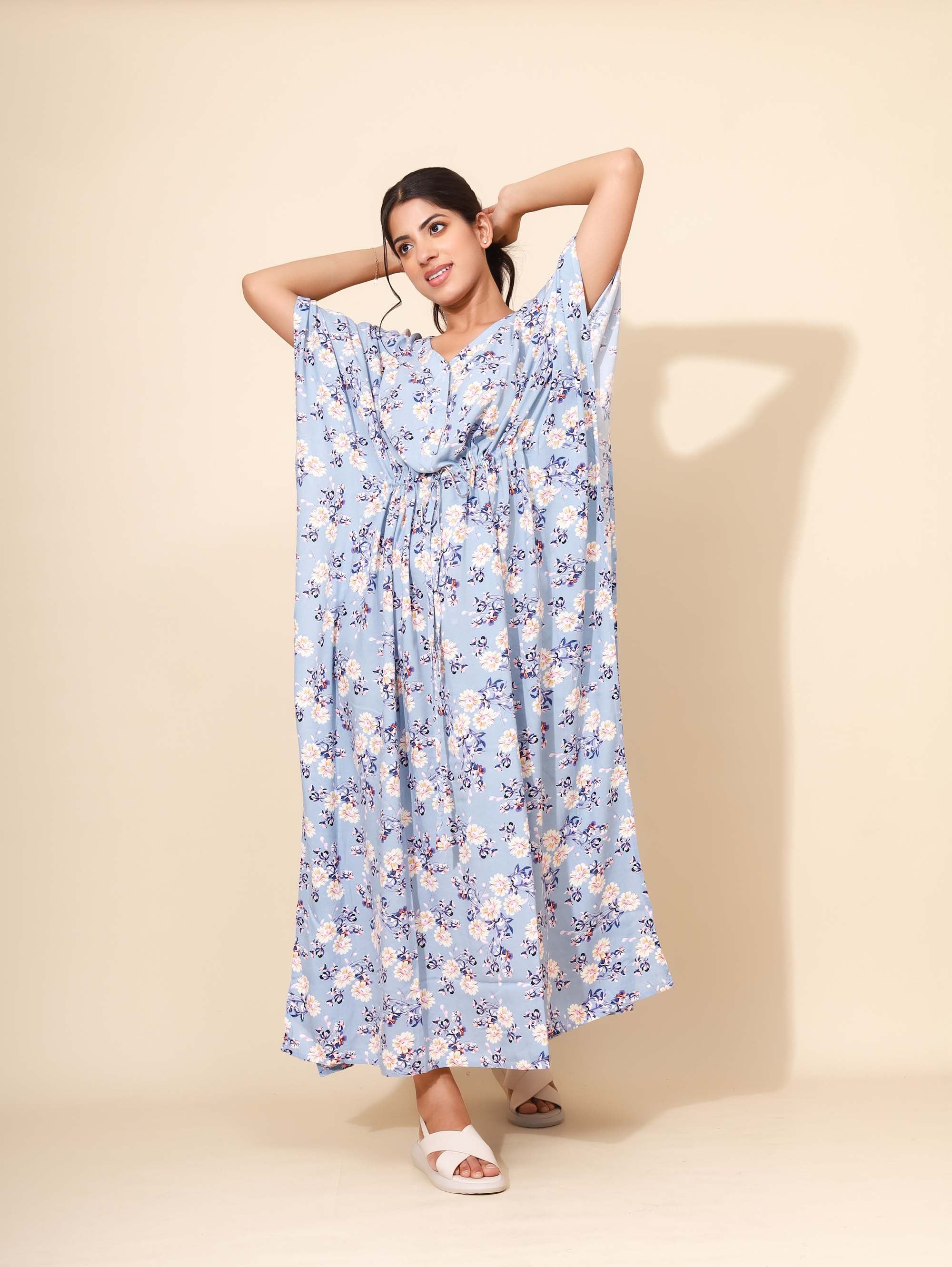 Yellow Bloom Sapphire Garden Kaftan Nighties for Women | Maxi Dress | Pink and White | Abstract Print | All-day Wear | Leisure & Travel Wear | Ankle Length | Versatile | Lounge Dress | Viscose | Rayon