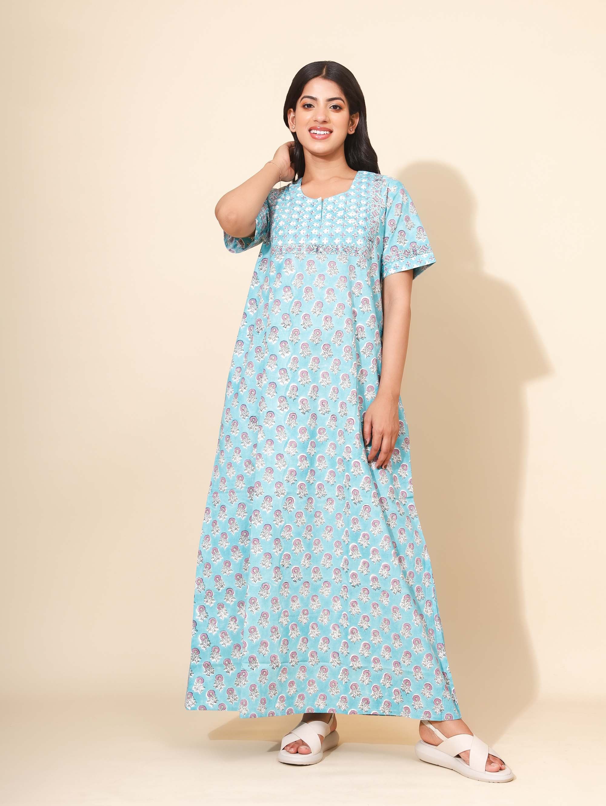 Yellow Bloom Celestial Bloom Nighties for Women | Maxi Dress | Blue & Mauve | Hand Block Print | Home Wear| Travel Wear | Ankle Length | Stylish Wear | Lounge Nighty | Pure Cotton