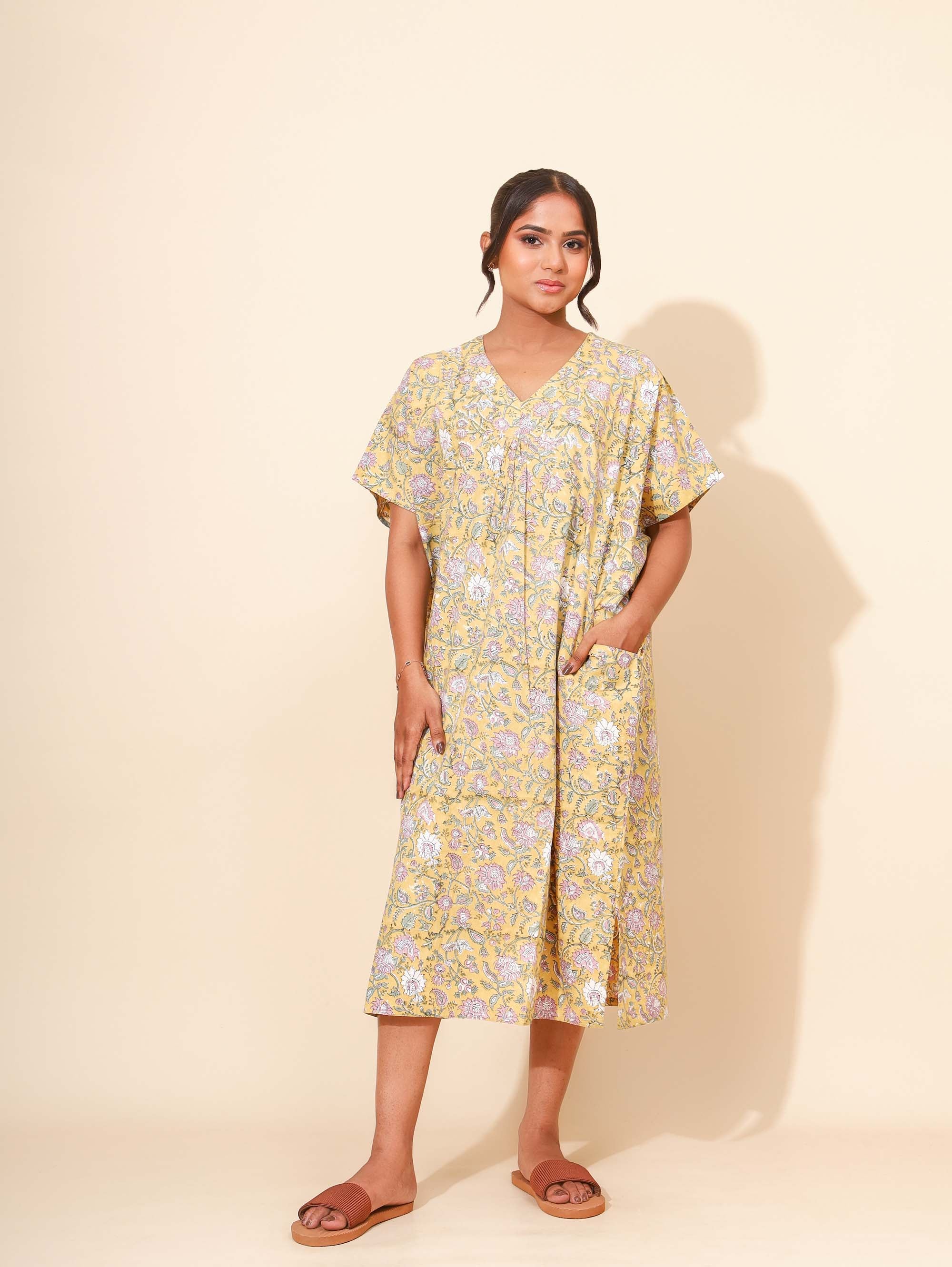 Yellow Bloom Golden Orchid Kaftan Nighties for Women | Midi Dress | Yellow and Grey Abstrach Print | Front Pocket | Comfortable Daily Wear | Knee Length | Stylish  Design | Lounge Nighty | Pure Cotton