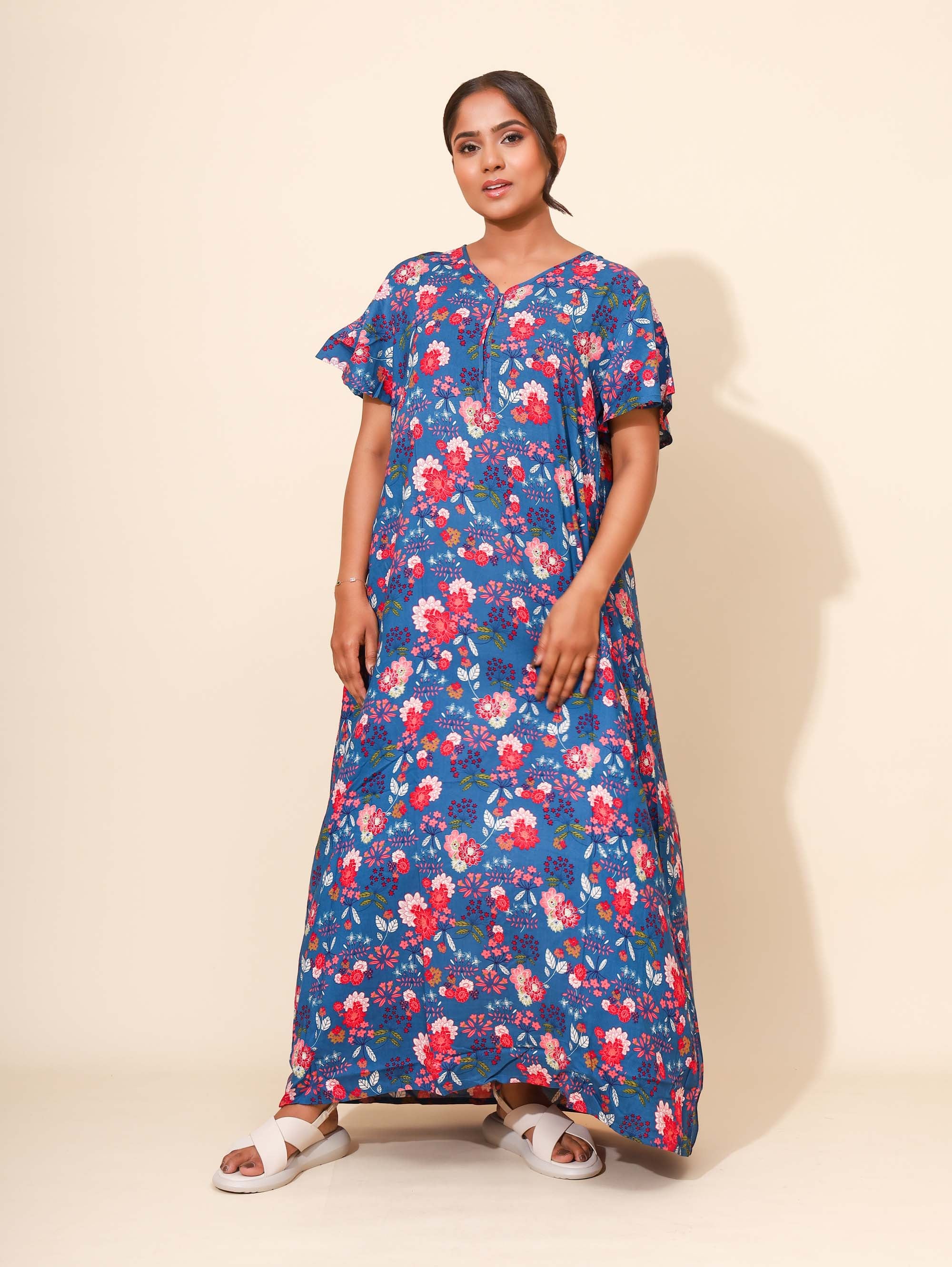 Yellow Bloom Sapphire Blossom Nighties for Women | Maxi Dress | Blue and Red with Floral Print  | All-day Comfortable Dress | Family Wear | Lounge Nighty | V Neck | Viscose