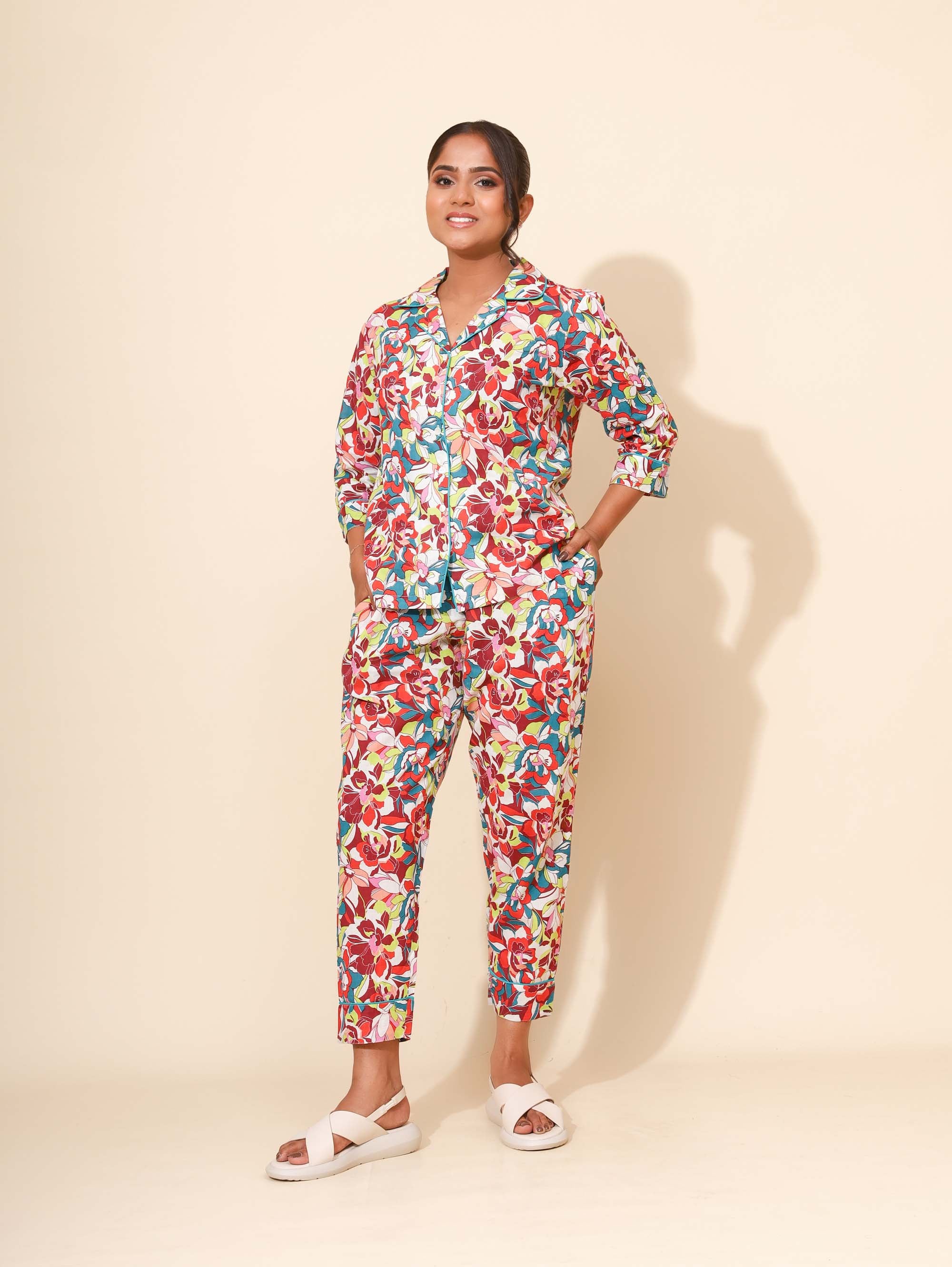 Yellow Bloom Rainbow Dream Co ord Pant Set for Women | Pyjama and Top | Multicolor with Flower Print| Travel Wear| Picnic Wear | Hostels/PGs Dress | Work-to-Sleep Wear | Pure Cotton