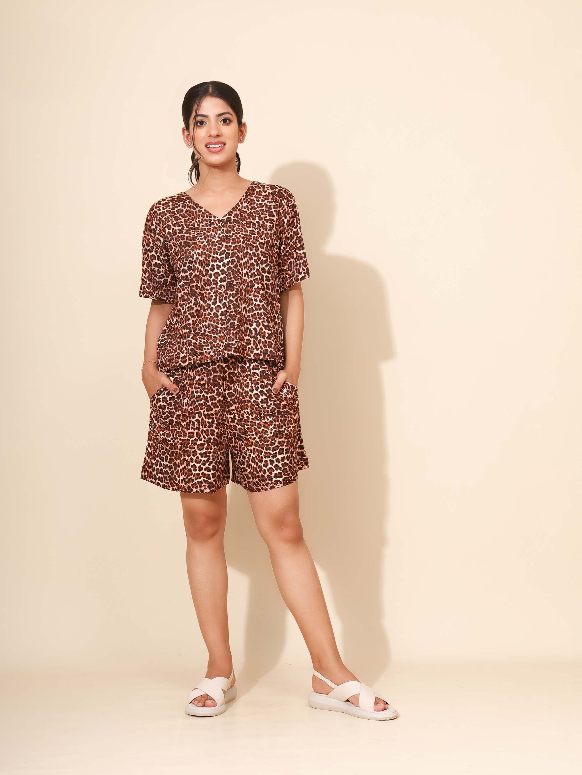 Yellow Bloom Safari Serenade Short Set for Women | Short & Drop Shoulders Top | Brown and Black | Leopard print| All-day Wear | Beach Wear | Hostels/PGs Wear | Lounge Dress | Co ord set | Viscose