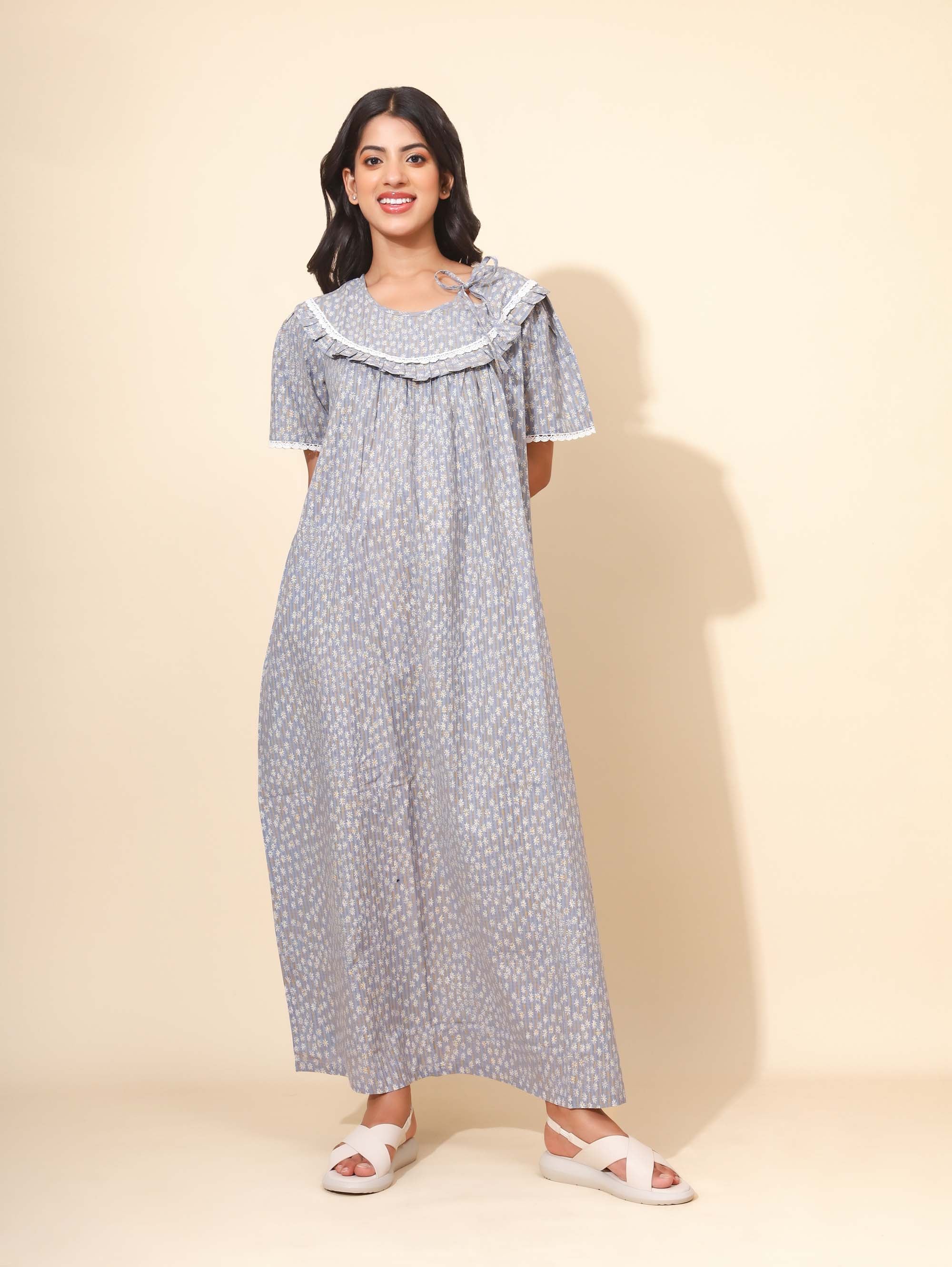 Yellow Bloom Graceful Harmony Nighties for Women | Maxi Dress | Grey  and White | Lace Pattern | Comfortable All-day Wear | Work from Home Wear| Beautiful Neck Line | Lounge Nighty | Pure Cotton