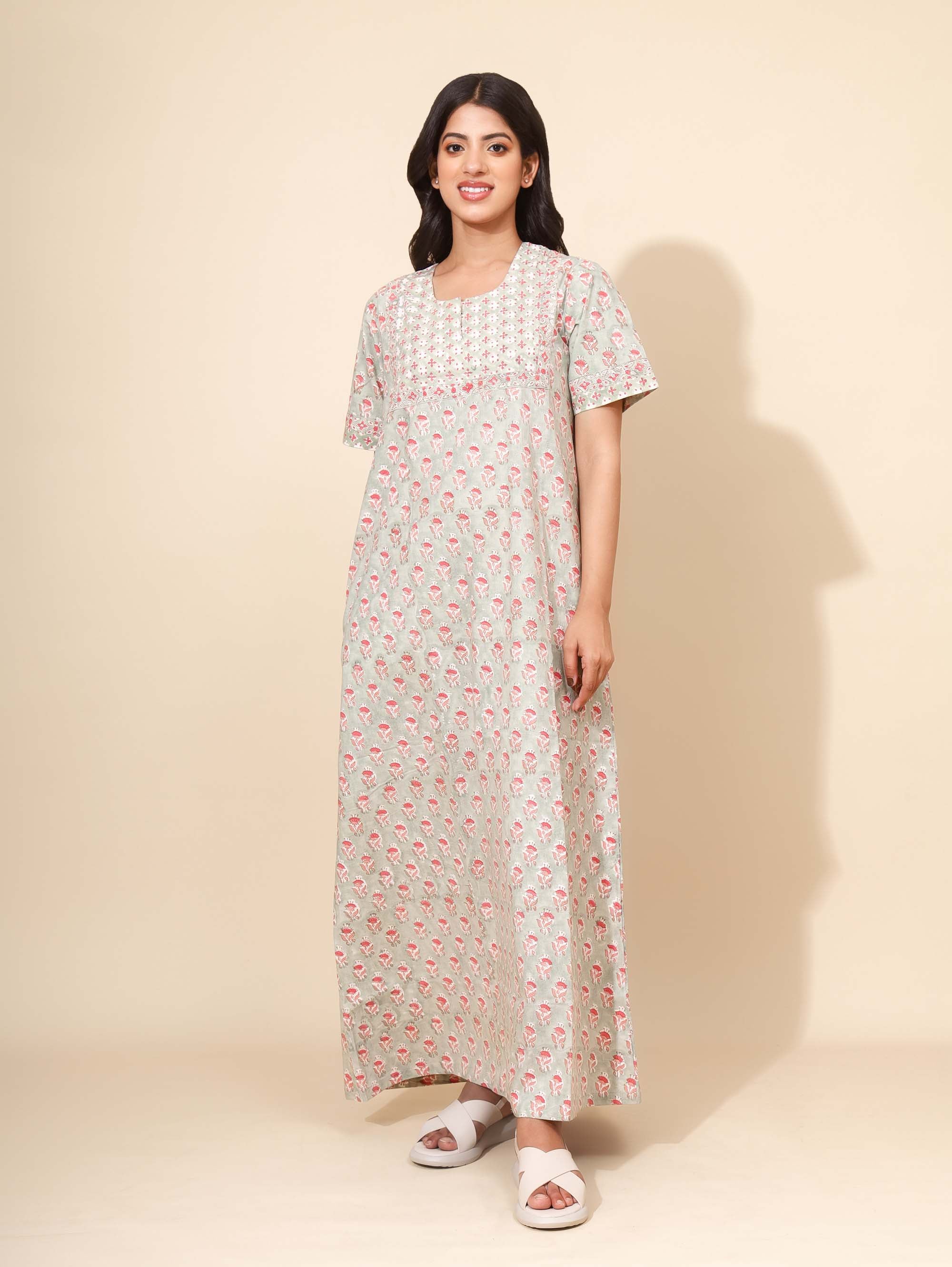 Yellow Bloom Emerald Blossoms Nighties for Women | Maxi Dress | Green & Red | Comfortable Daily Wear | Home Wear | Travel Wear | Ankle Length | Stylish Nighty | Lounge Wear | Pure Cotton