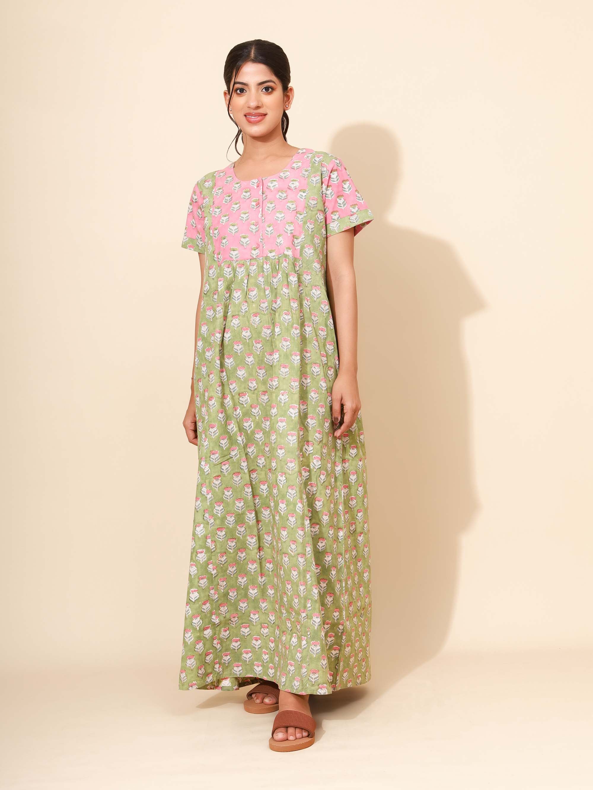 Yellow Bloom Pastel Petal Nighties for Women | Maxi Dress | Green and Pink | Hand Block Print | All-day Comfortable Wear | Ankle Length | Stylish Wear | Lounge Nighty | Pure Cotton