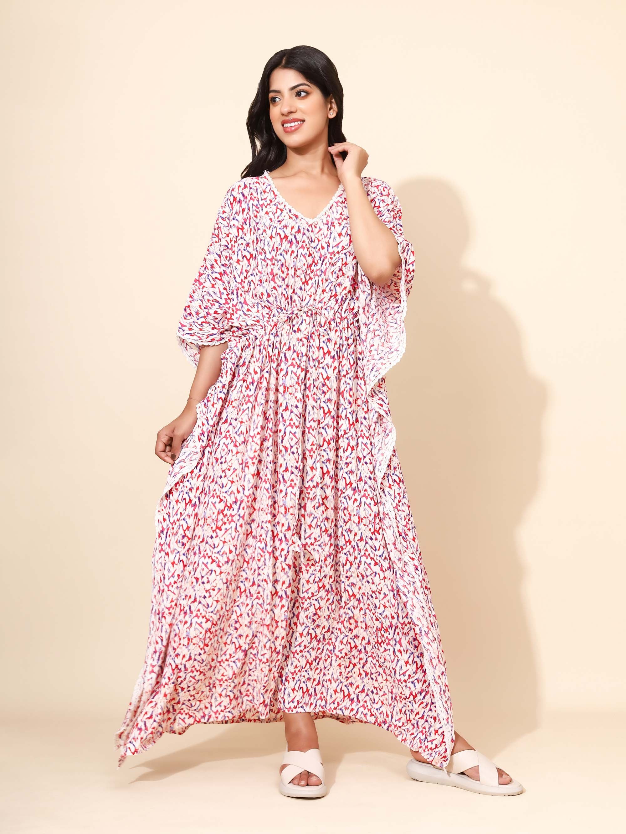 Yellow Bloom Royal Rose Kaftan Nighties for Women | Maxi Dress | Pink and White | Abstract Print with Lace | Daily Wear | Ankle Length | Work from Home Wear | Lounge Nighty | Beach Cover-up | Viscose