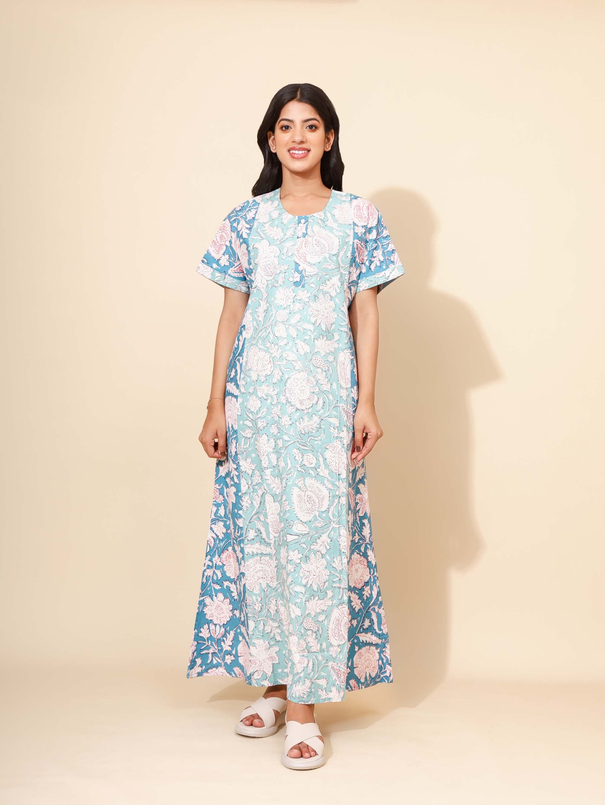 Yellow Bloom Aqua Marine Serenity Nighties for Women | Long Dress | Aqua Blue & Sea Green | Comfortable and Stylish Wear | Ankle Length | Nightgown | Floral Prints | Pure Cotton