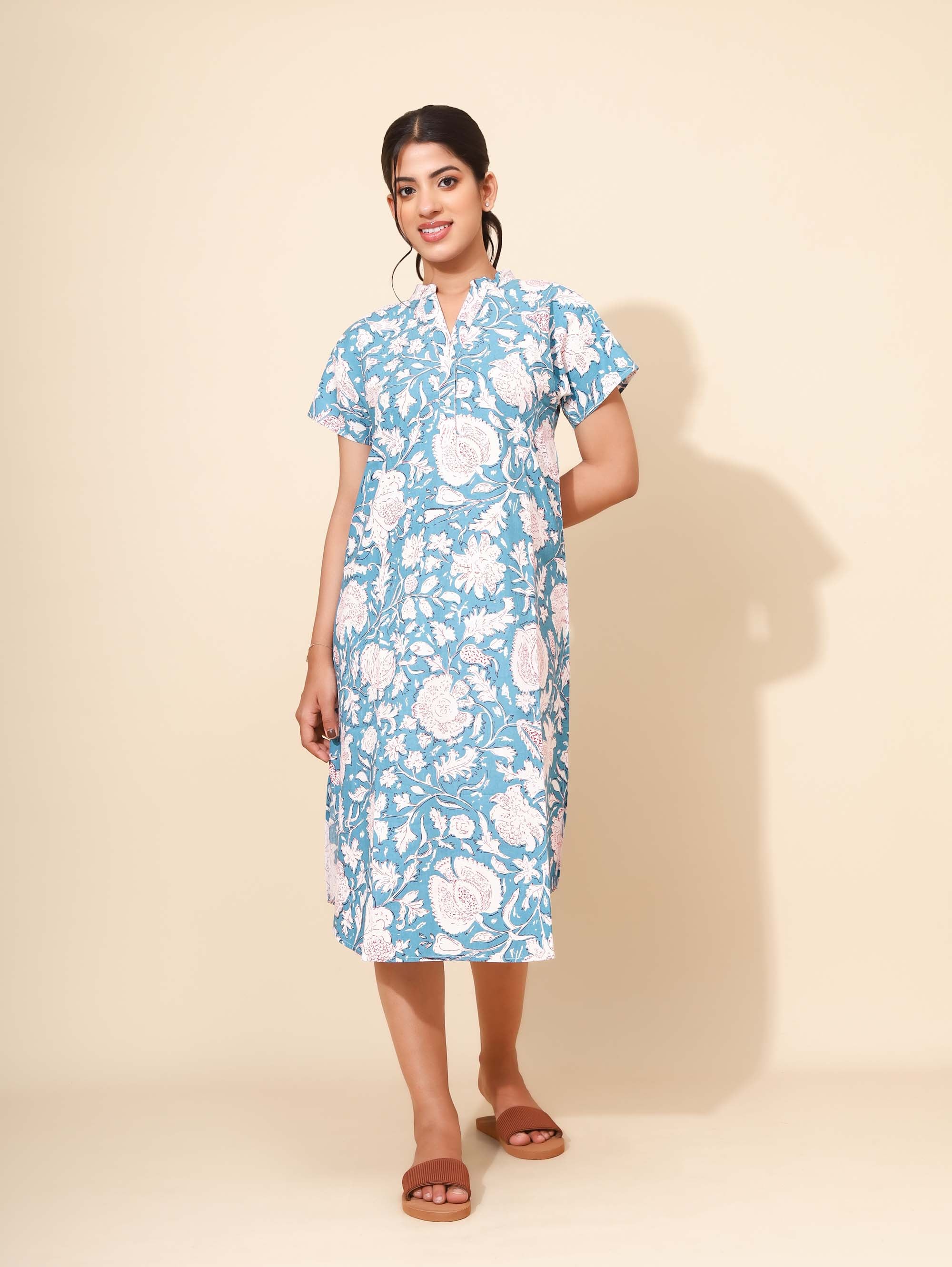 Yellow Bloom Azure Whirlwind Nighties for Women | Short Dress | Aqua Blue and White | Comfortable Wear | PGs/Campus Wear | Knee Length | Stylish Nighty | Button Closure | Front Placket | Pure Cotton