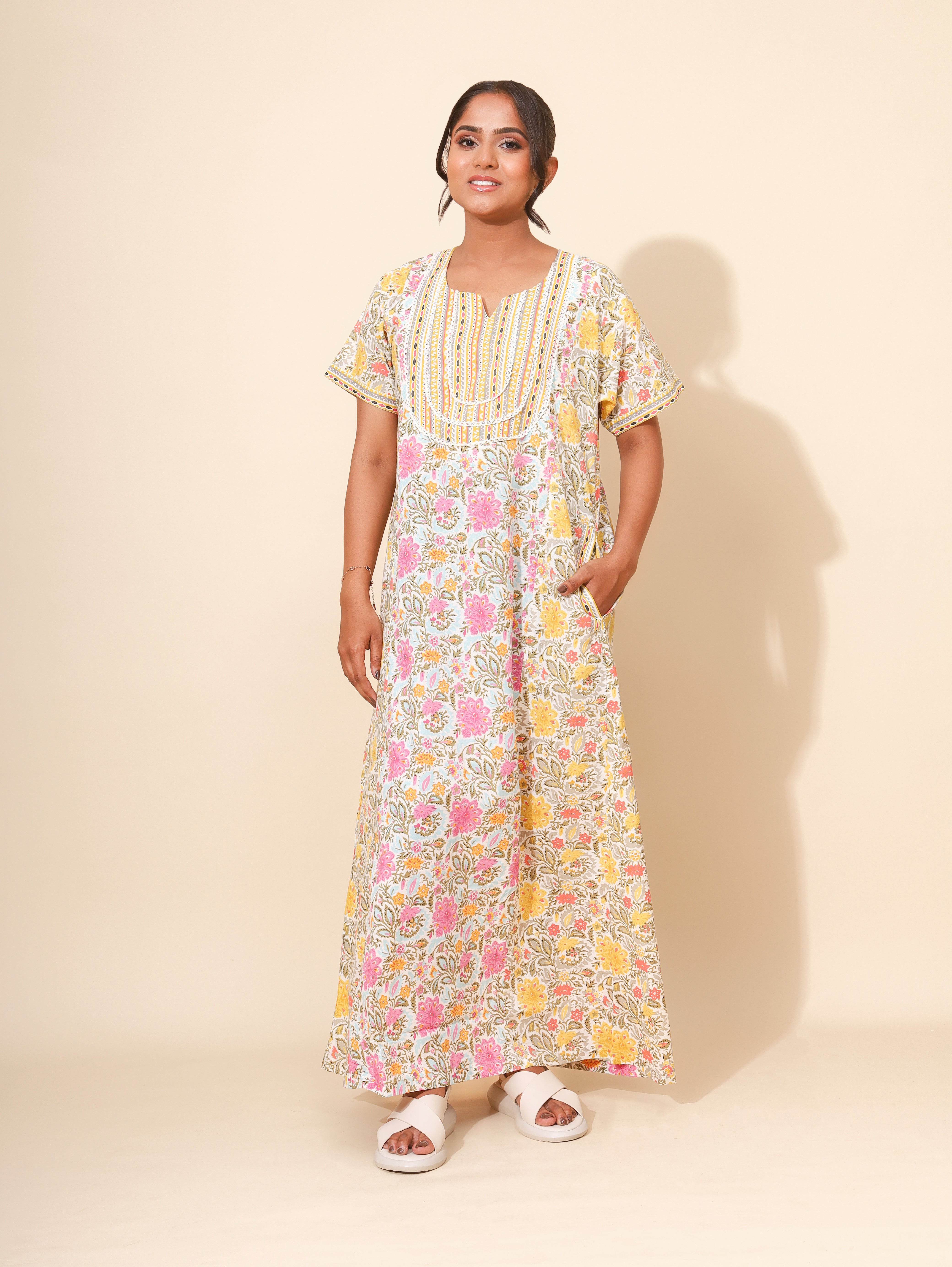 Yellow Bloom Sunny Petal Medley Nighties for Women | Yellow and Pink | Maxi dress | Patchwork and Lace | Elegant Design | All-day Wear | Ankle Length | Stylish Nightwear | Front Placket | Pure Cotton