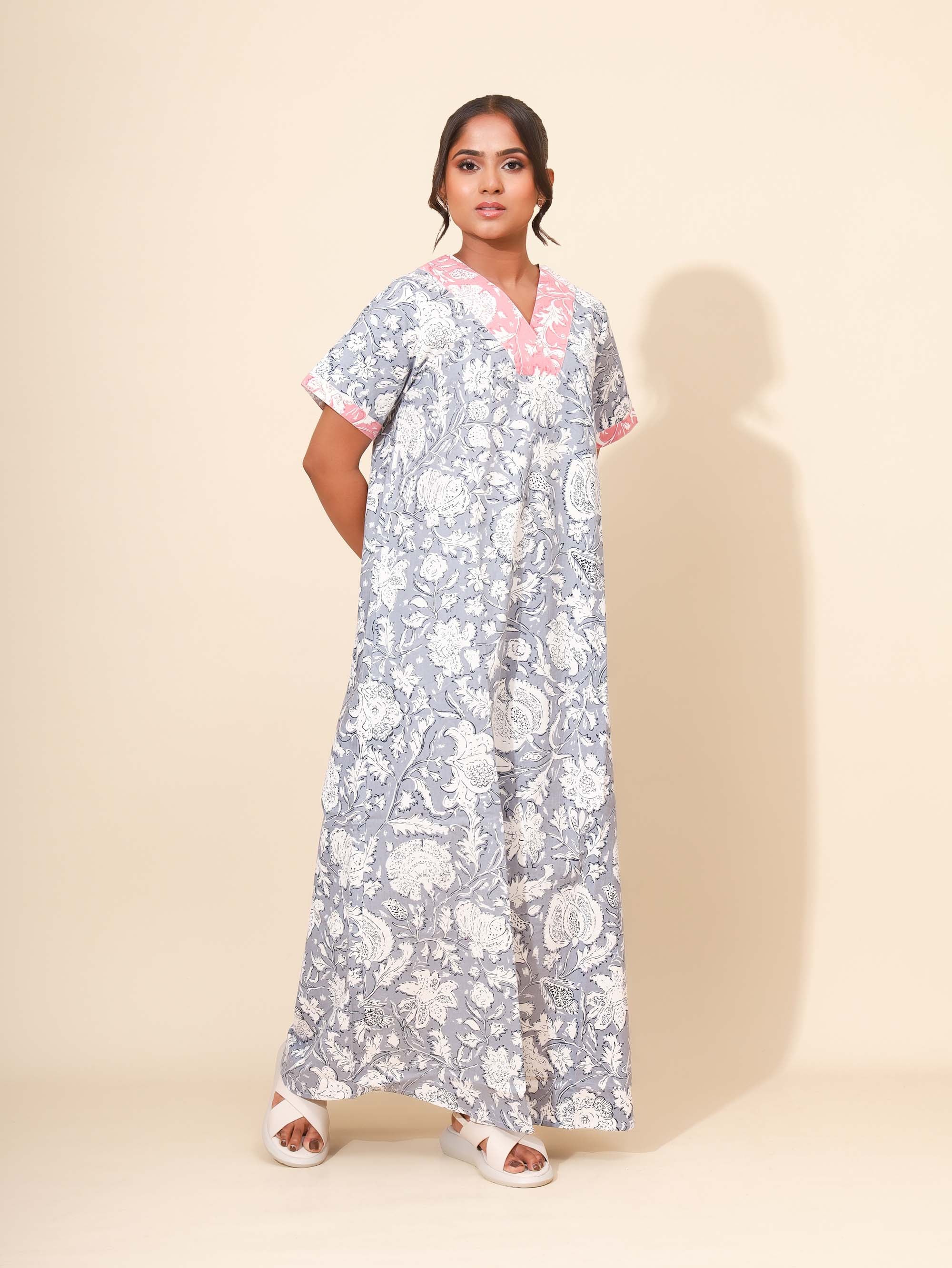 Yellow Bloom Petals in Bloom Nighties for Women | Maxi Dress | Gray and Pink Floral Print  | Comfortable Daily Wear | Family Wear | Ankle Length | Lounge Nighty | V Neck | Pure & Breathable Cotton