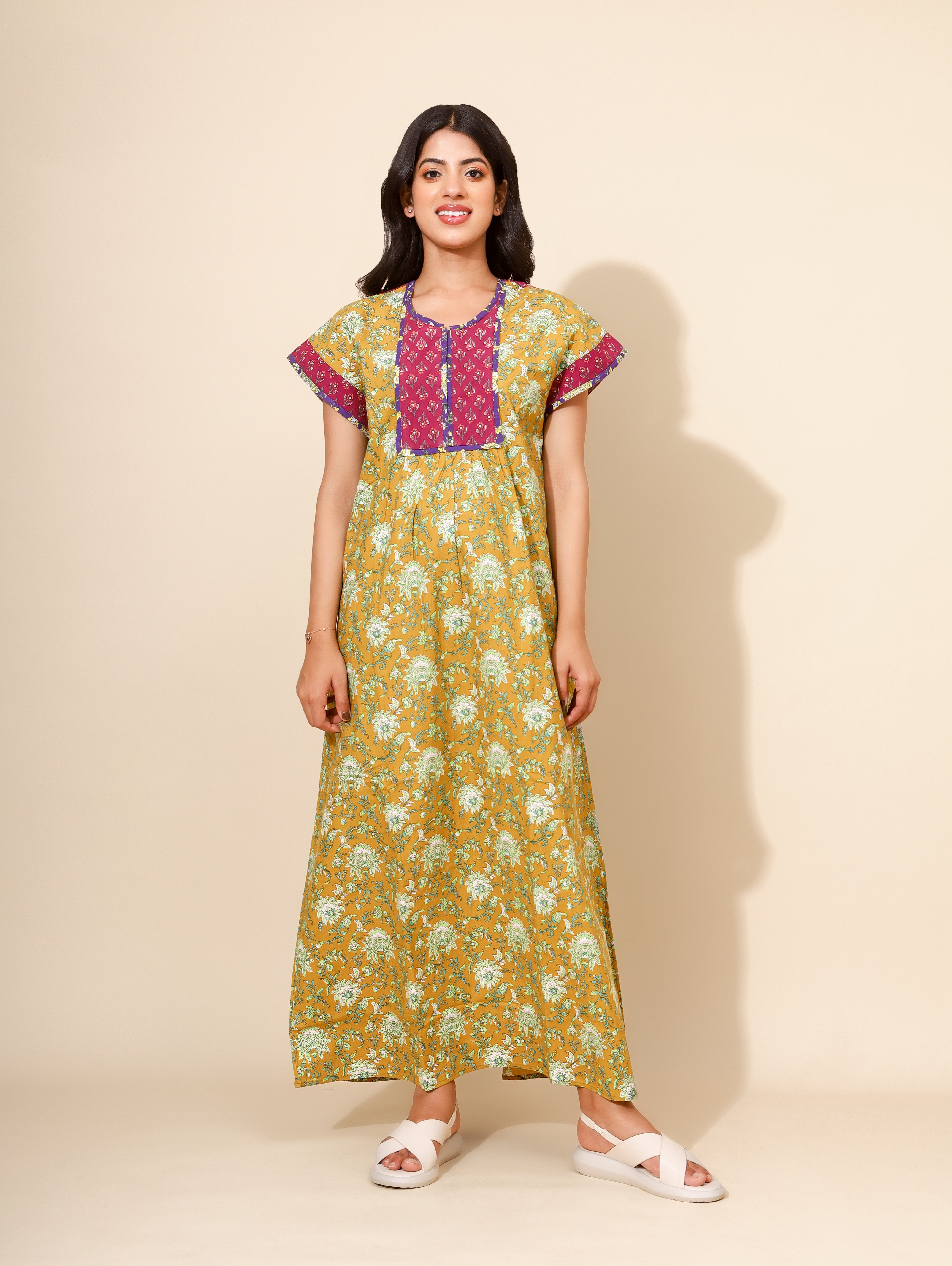 Yellow Bloom Sunlit Olive Fusion Bliss for Women | Green & Maroon | Maxi Dress | All-day Dress | Work from Home Wear | Stylish Home Nighty | Ankle Length | Aesthetic Appeal | Pure Cotton