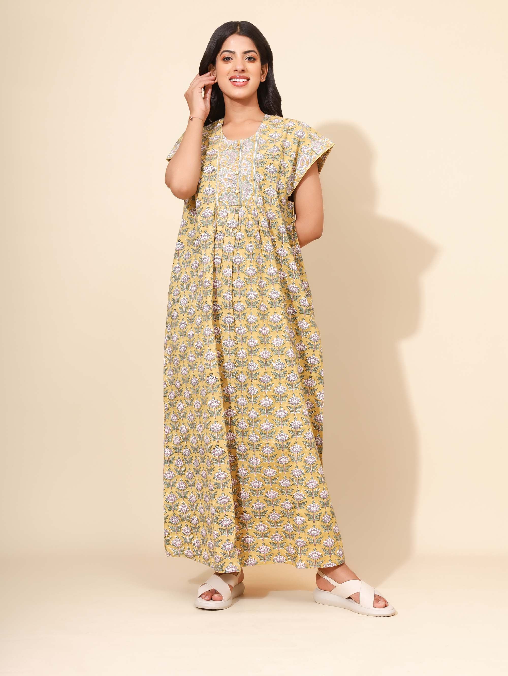 Yellow Bloom Golden Gardenia Bliss Nighties for Women | Maxi Dress | Yellow with Unique Print | Comfortable Daily Wear | Ankle Length | Stylish Versatile design | Lounge Nighty | Pure Cotton