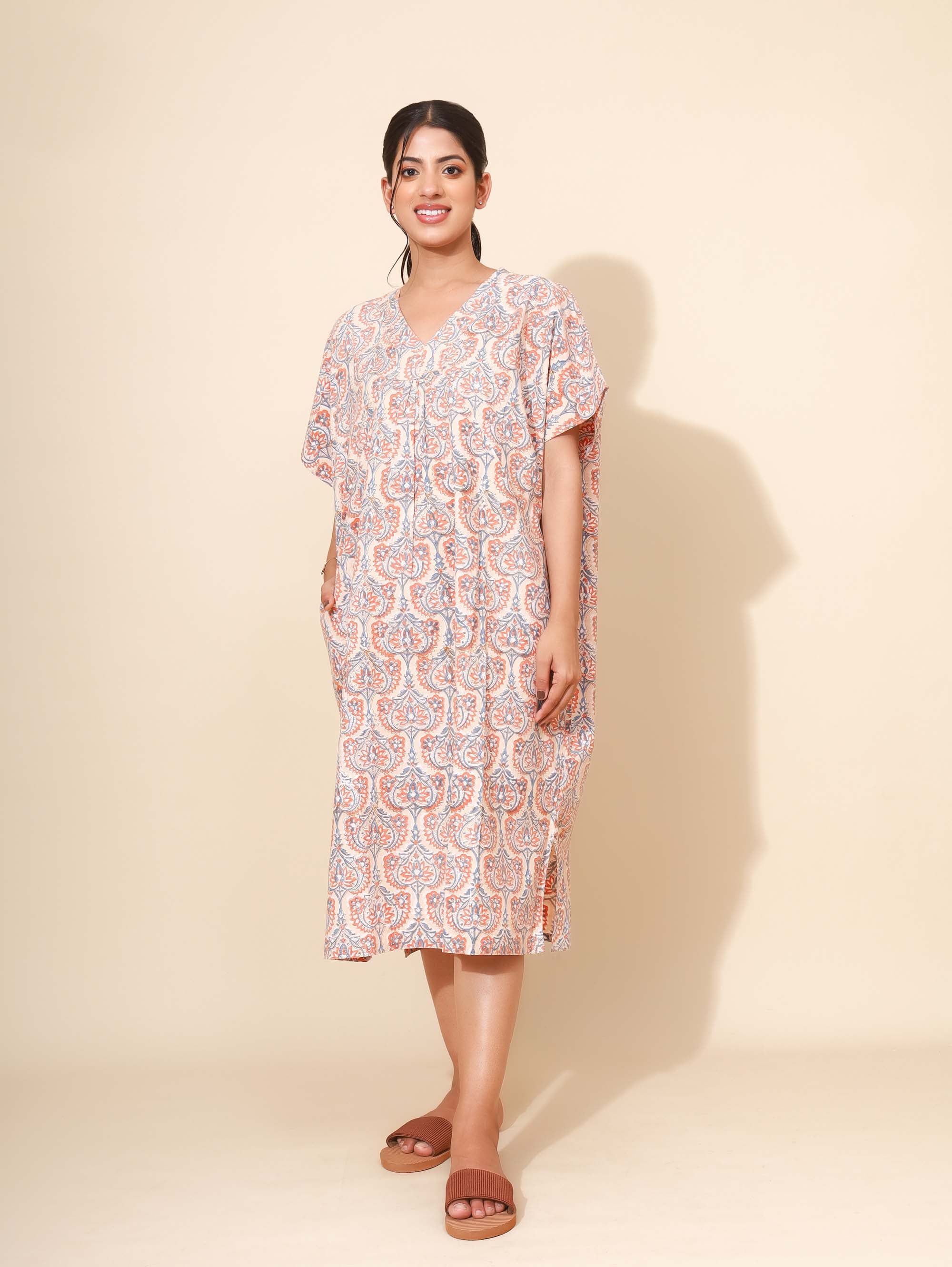 Yellow Bloom Sunset Mirage Kaftan Nighties for Women | Short Dress | Orange and Grey Floral Print | All-day Dress | Vacation Wear | Knee Length | Stylish and Versatile | Lounge Nighty | Pure Cotton