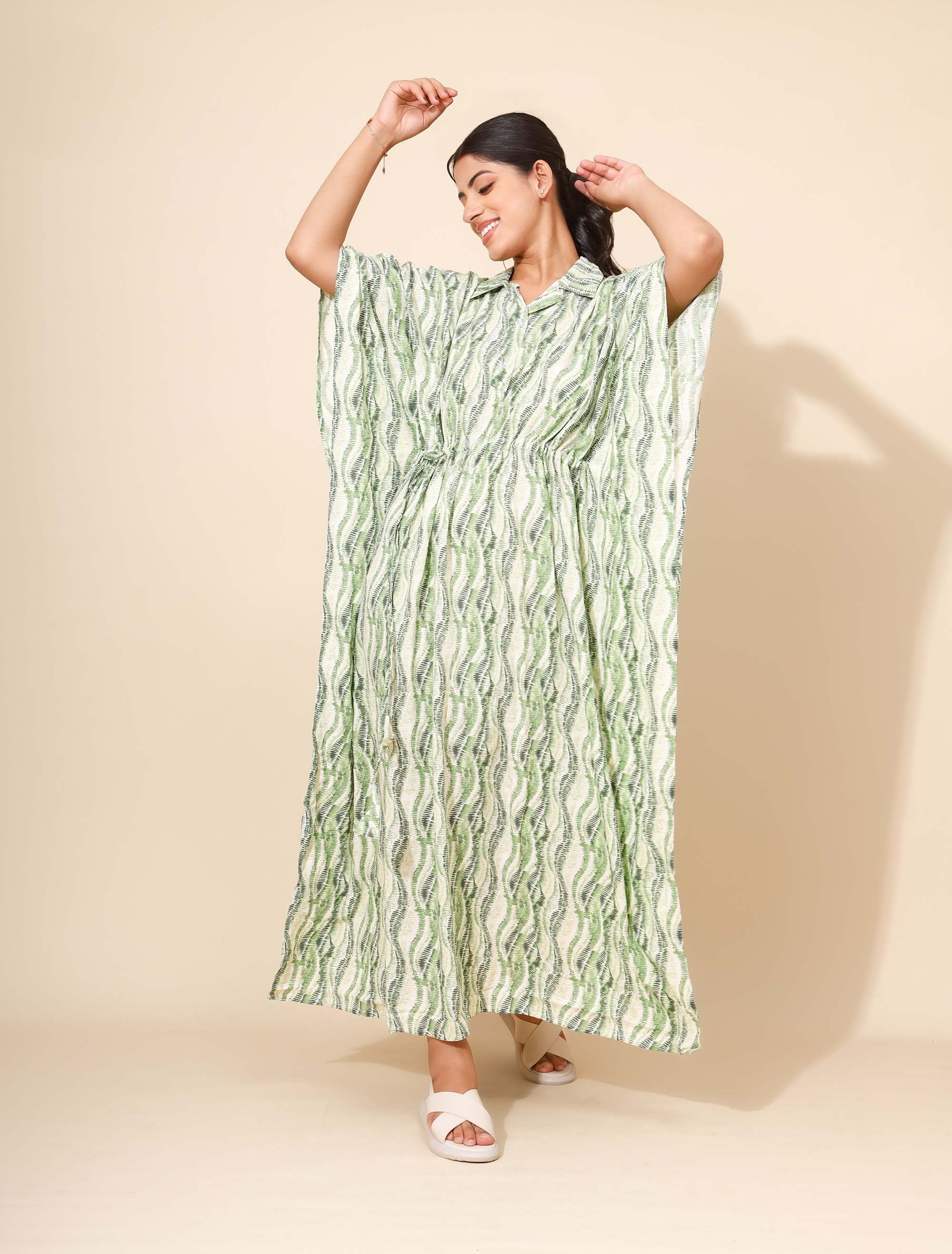 Yellow Bloom Oasis Elegance Kaftan Nighties for Women | Maxi Dress | Green Abstract Print | Collared Neck | Vacation Wear | Beach Cover-ups | Leisure Wear | Ankle length | Lounge Nighty | Viscose