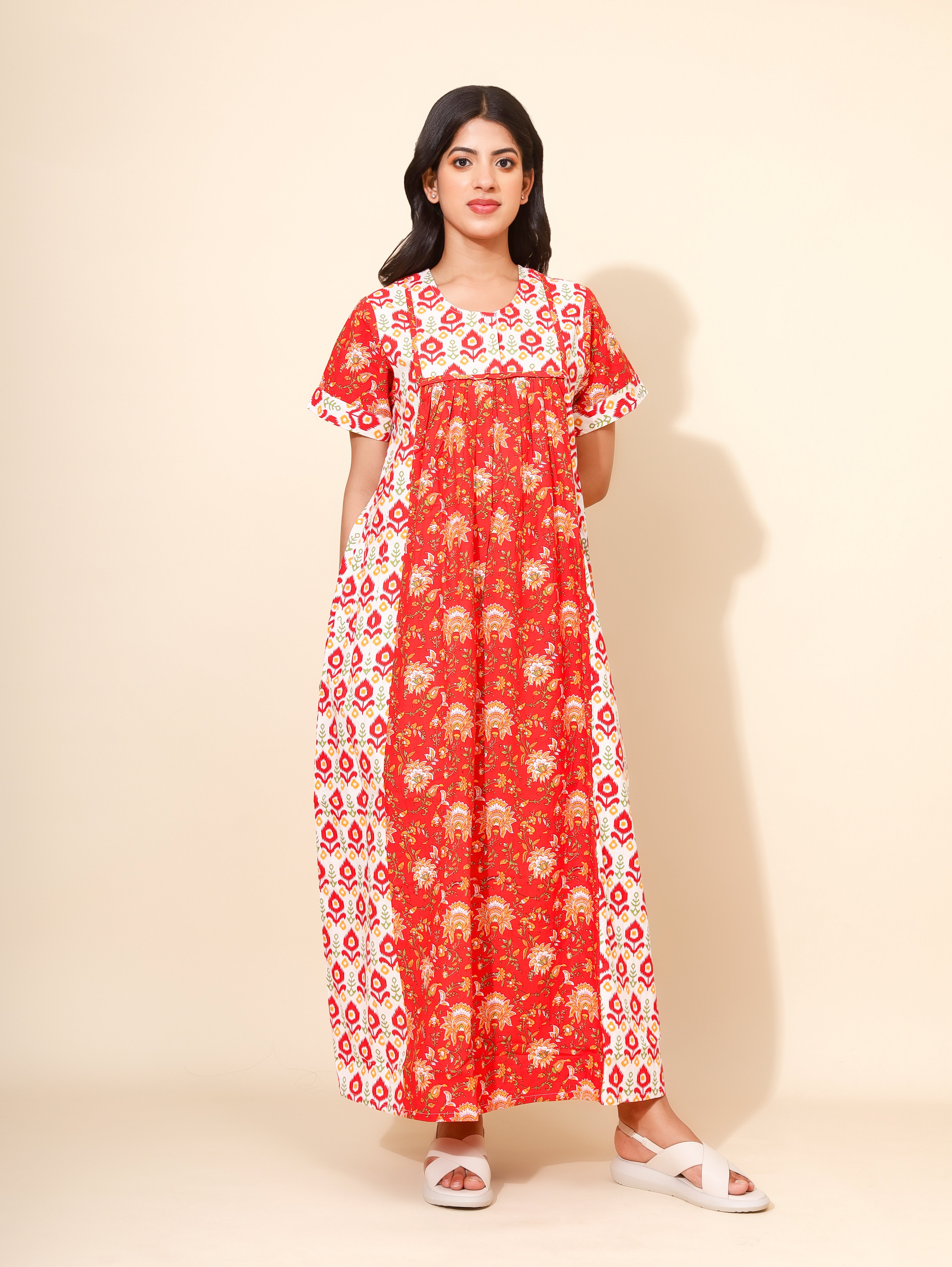 Yellow Bloom Crimson Bloom for Women | Maxi Dress | Red and White | All-day Wear | Home/Hostel/PGs Dress | Ankle Length | Elegant Design Nighty | Stylish Nightwear | Front Placket | Pure Cotton