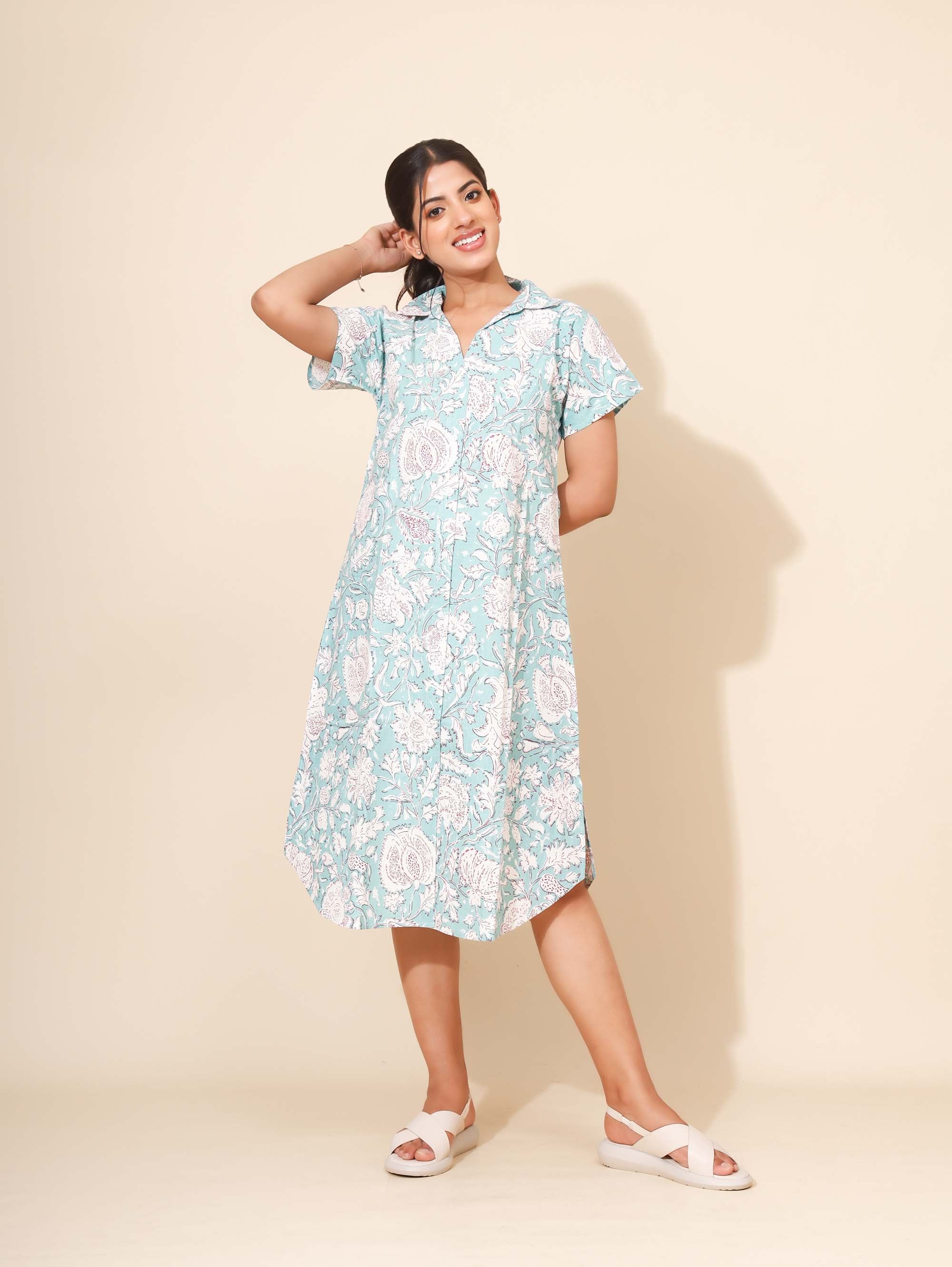 Yellow Bloom Aqua Blossom Nighty for Women | Short Dress | Light Aqua Green & White Print | Comfortable and Daily Wear | Nuclear families/Hostels/PGs | Knee Length | Stylish Dress | Pure Cotton