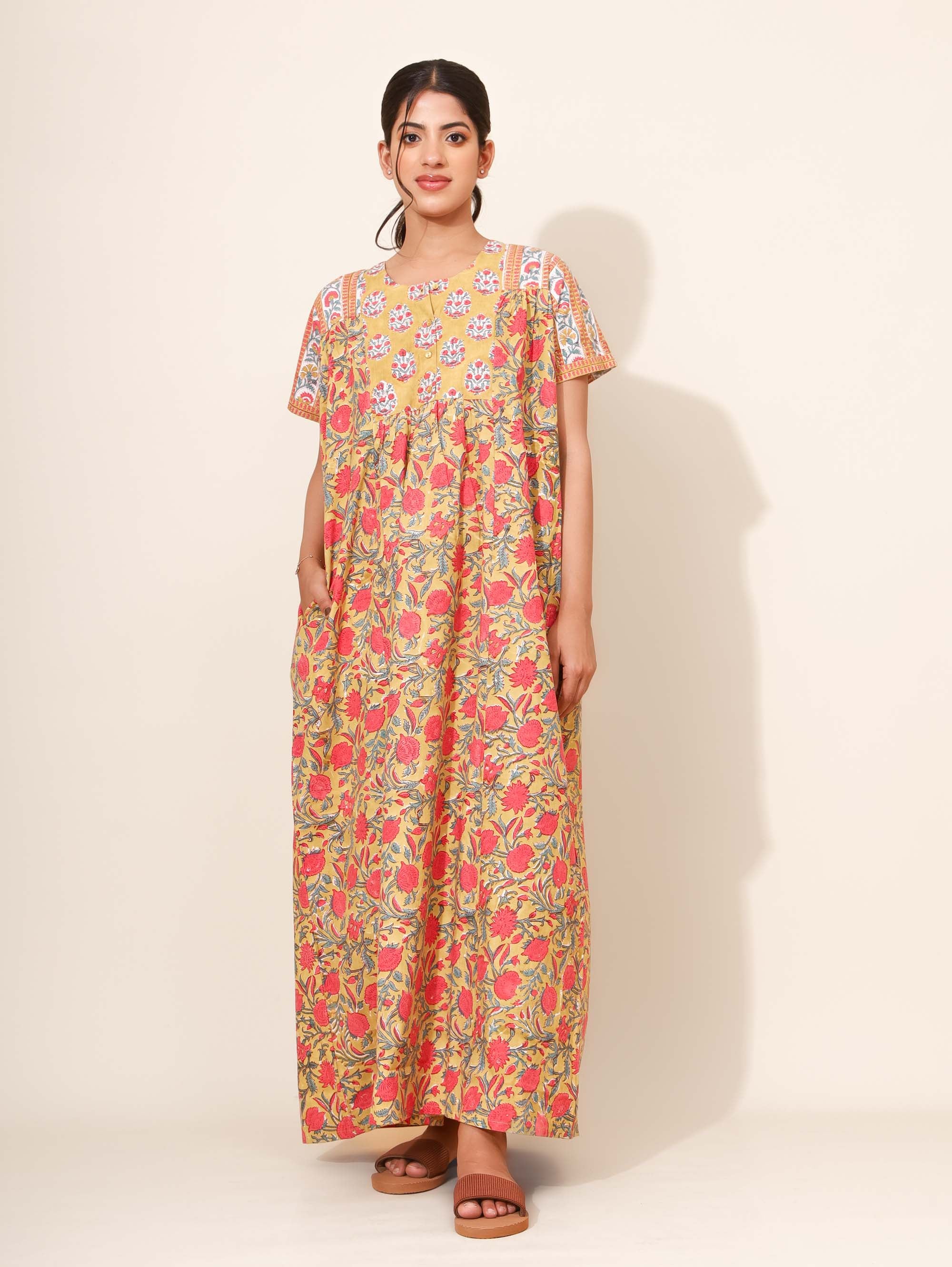 Yellow Bloom Golden Rose Garden Kaftan Nighties for Women | Maxi Dress | Rust & Rose Pink | Hand Block Print | Daily Wear | Ankle Length | Stylish and Versatile | Lounge Dress | Night Wear | Viscose 