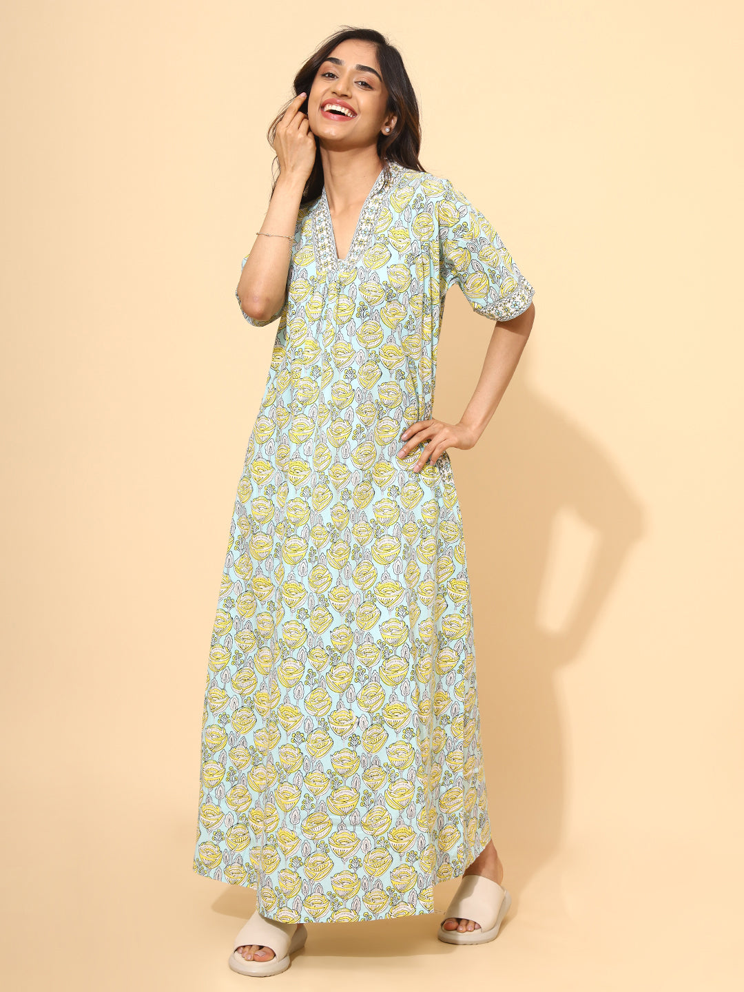 Yellow Bloom Sky Bloom Nighties for Women | Blue and Yellow Maxi Dress | Contrast Border Print | Daily Wear | Lounge Wear | Ankle Length | Stylish Nighty | Side Pocket | Pure Cotton
