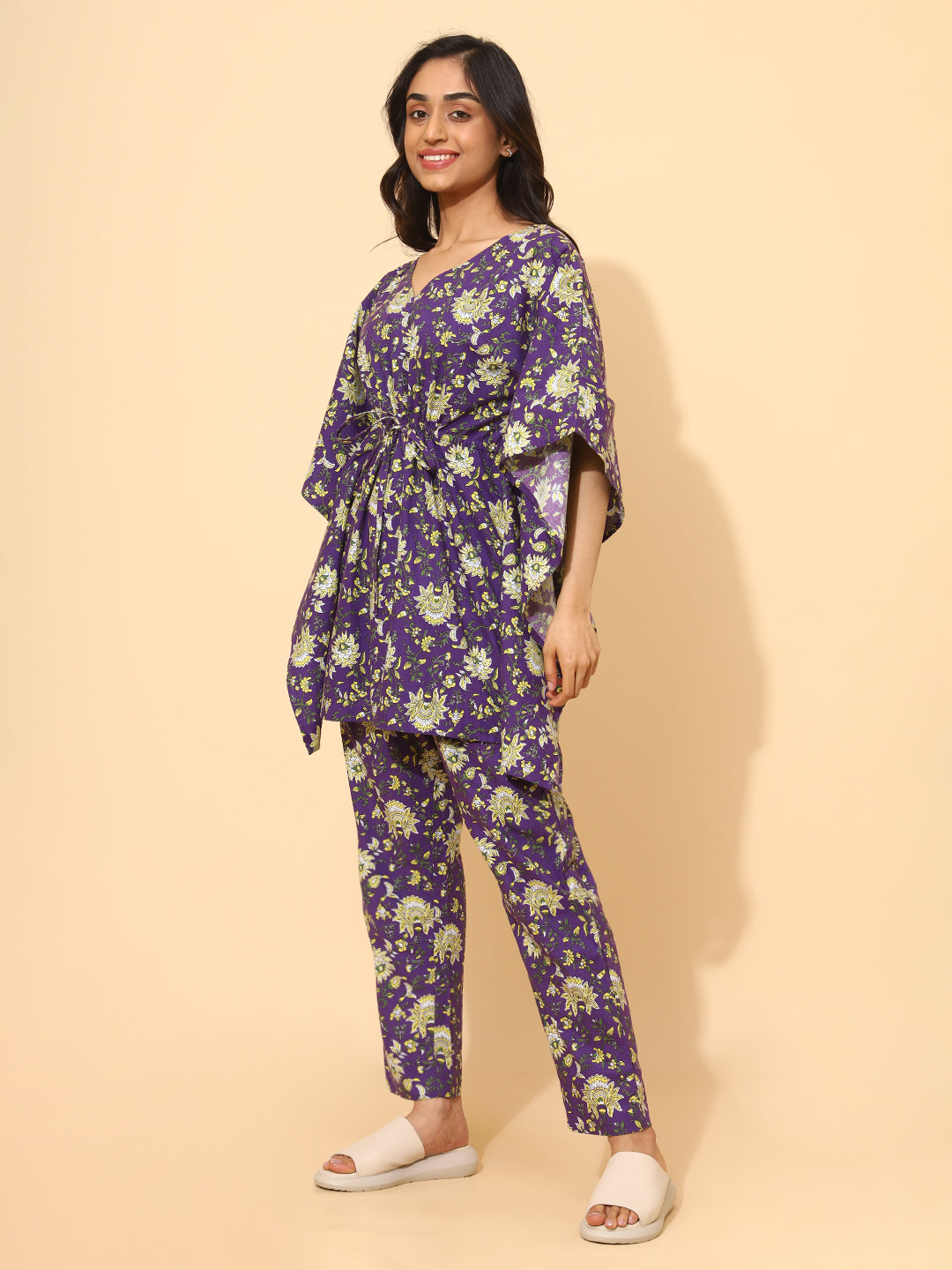 Yellow Bloom Blue Blossom Co ord Pant Set for Women | Pyjama and Top | Blue with Flower Print| Work from Home Wear | Night Wear | Elegant Style | Hostels/PGs Wear | Lounge Dress| Pure Cotton
