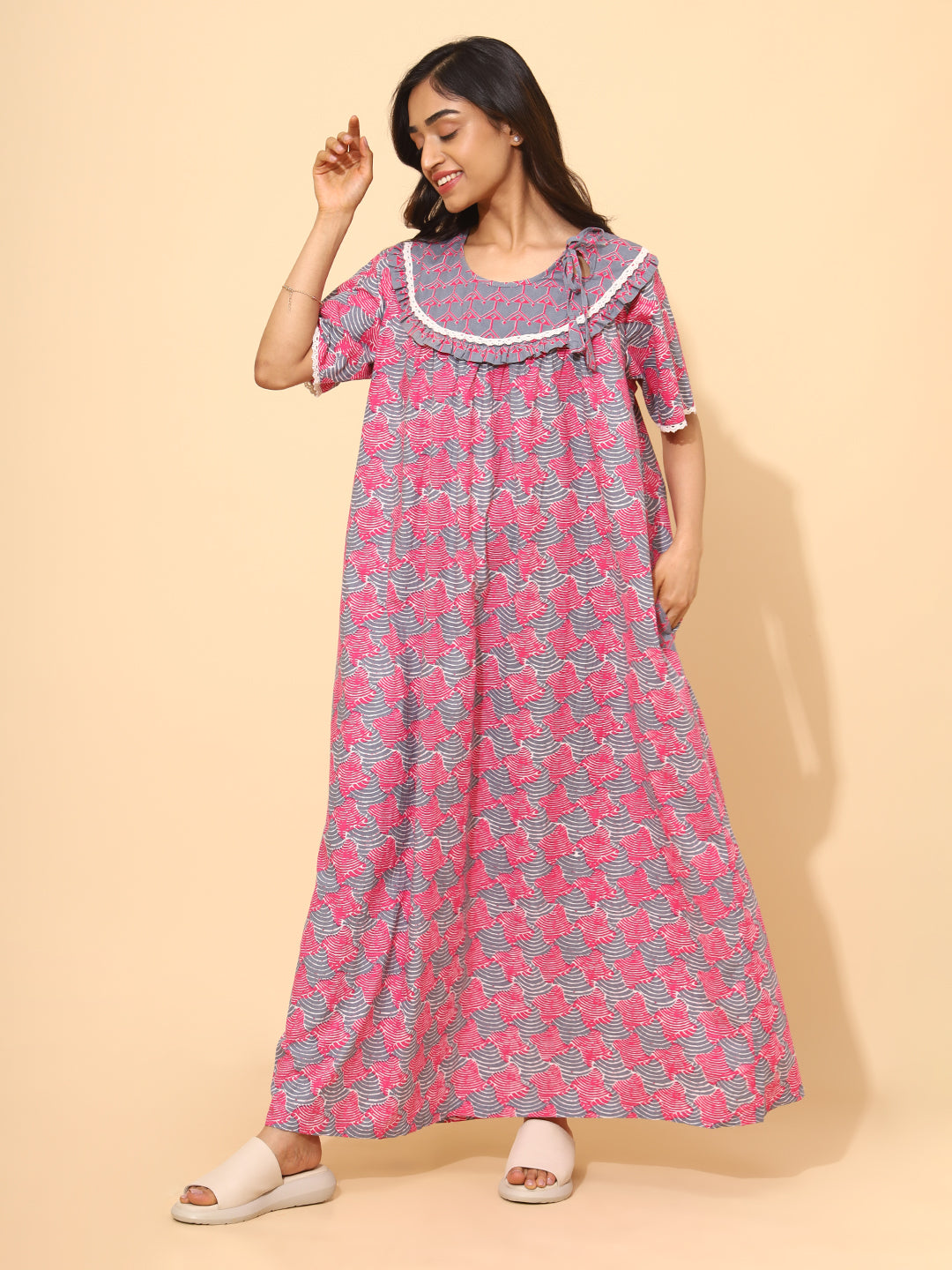 Yellow Bloom Refine Abstract Nighties for Women | Pink and Grey Maxi Dress | Abstract Print | Comfortable Daily Wear | Casual Wear | Ankle Length | Side Pockets | Front Placket | Pure Cotton
