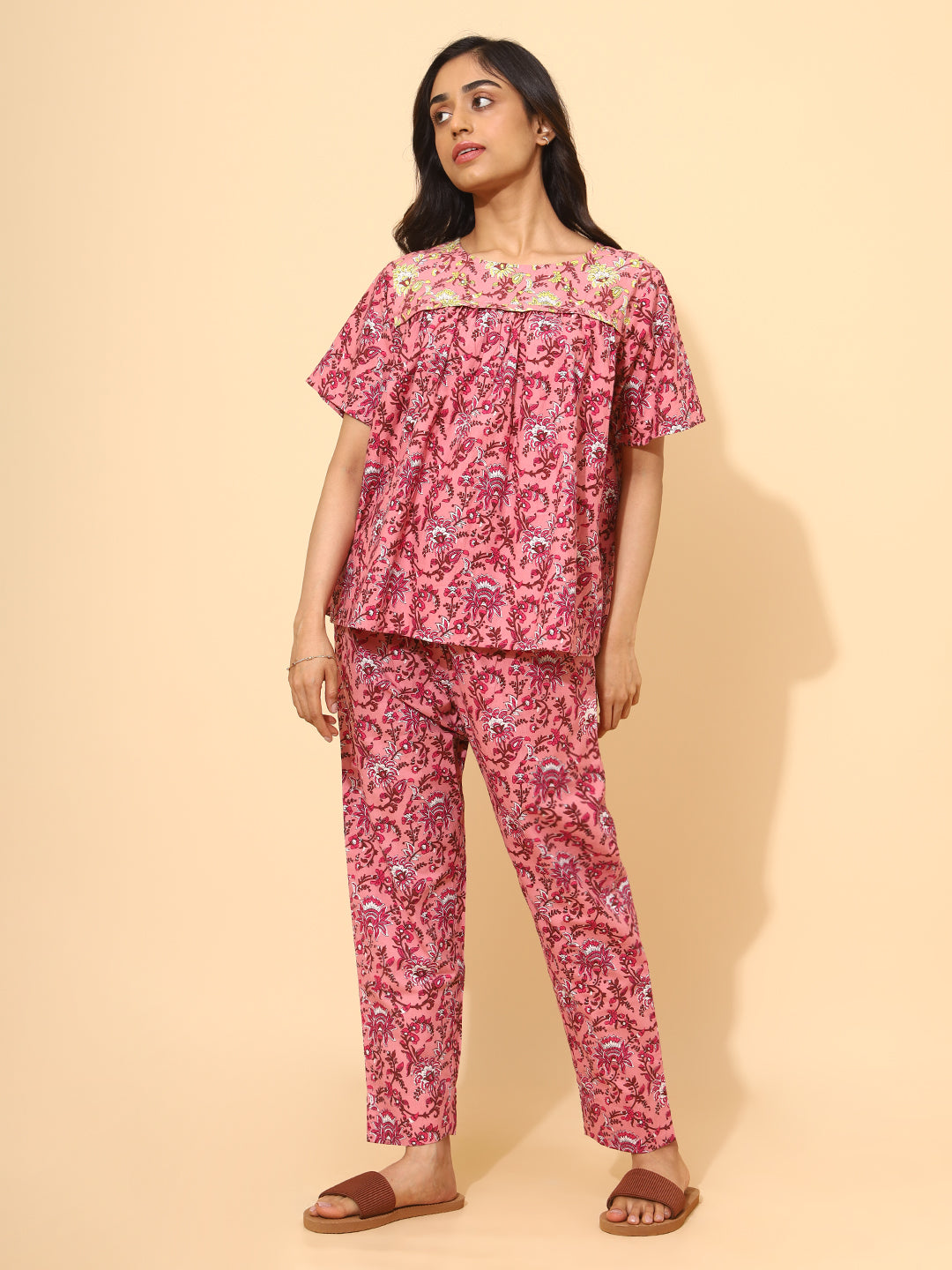 Yellow Bloom Maroon Blossom Co ord Pant Set for Women | Pyjama and Top | Pink and Maroon Flower Print| Work from Home Wear | Night Wear | Staycation | Hostels/PGs Wear | Lounge Dress| Pure Cotton
