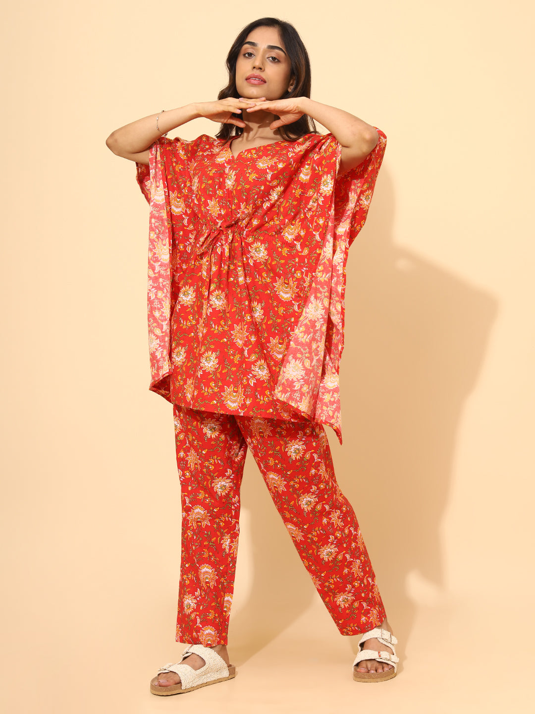 Yellow Bloom Scarlet Bloom Co ord Pant Set for Women | Pyjama and Top | Red with Flower Print| Work from Home Wear | Night Wear | ravel Wear | Hostels/PGs Wear | Lounge Dress| Pure Cotton
