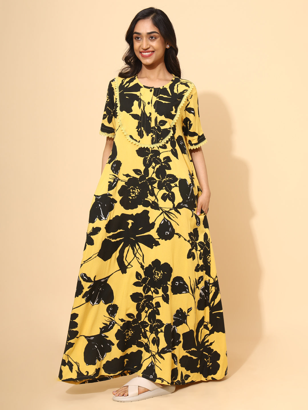 Yellow Bloom Sunburst Floral Nighties for Women | Yellow and Black Maxi Dress | Flower Print | Lounge Wear | Casual Wear | Ankle Length | Stylish Nighty | Viscose | Rayon
