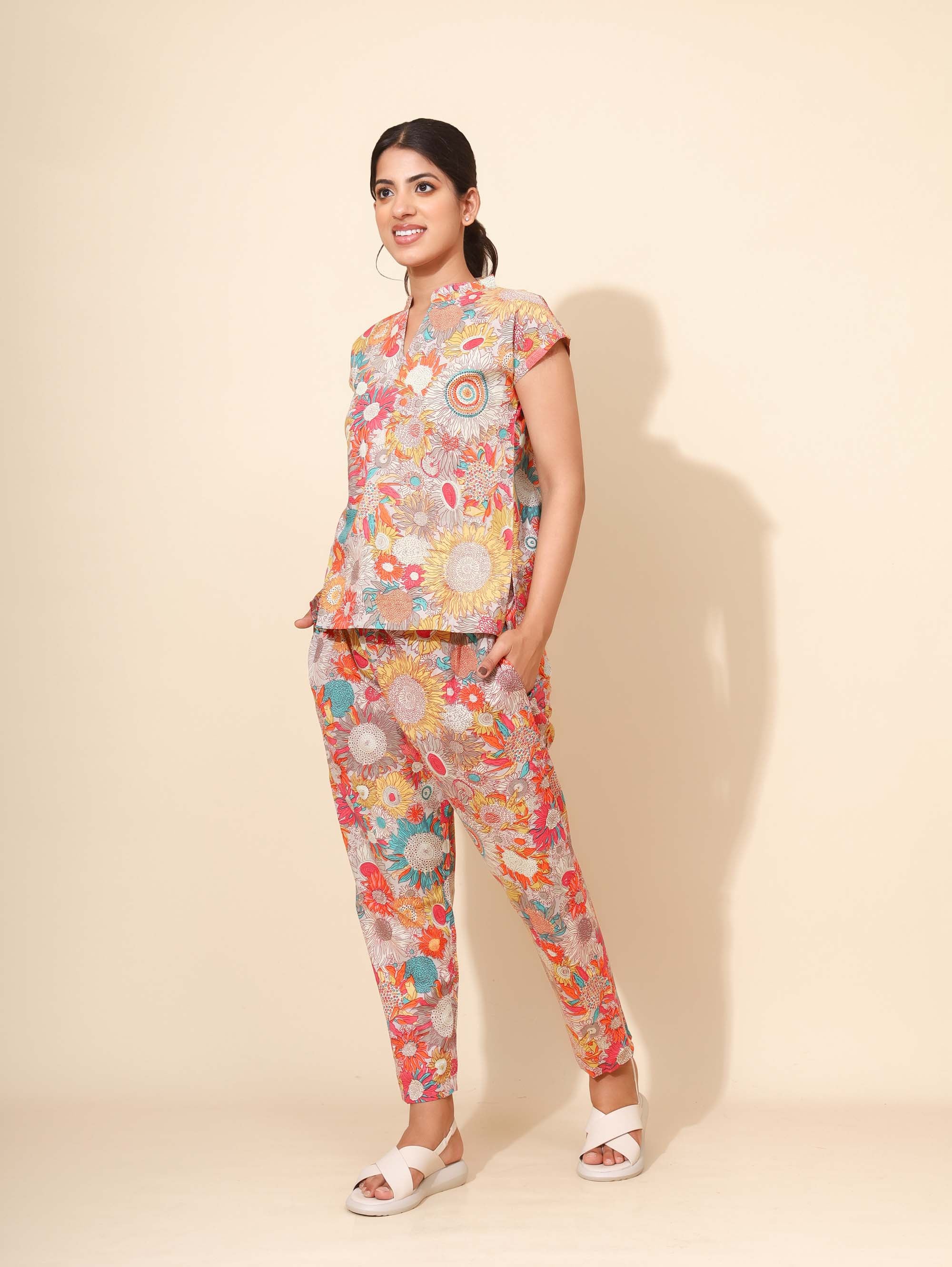 Yellow Bloom Floral Symphony Co ord Pant Set for Women | Pyjama and Top | Multicolor with Flower Print| All-day Wear | Hostels/PGs/Campus Wear | Travel Wear | Picnic Wear | Lounge Dress | Pure cotton