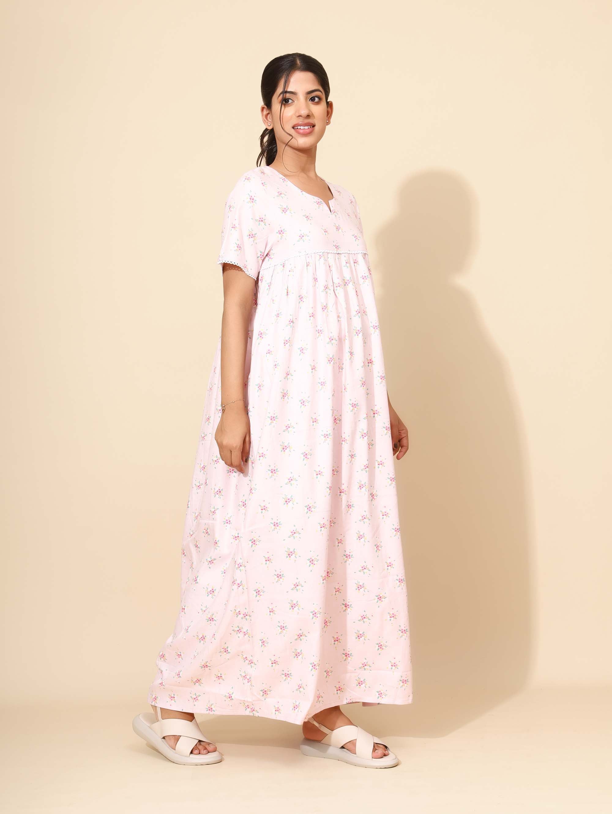 Yellow Bloom Petals in Pink Nighties for Women | Maxi Dress | Pink with Floral Print  | All-day Home Wear | Families Wear | Ankle Length | Night Gown | Lounge Wear | Round Neck | Rayon | Viscose 