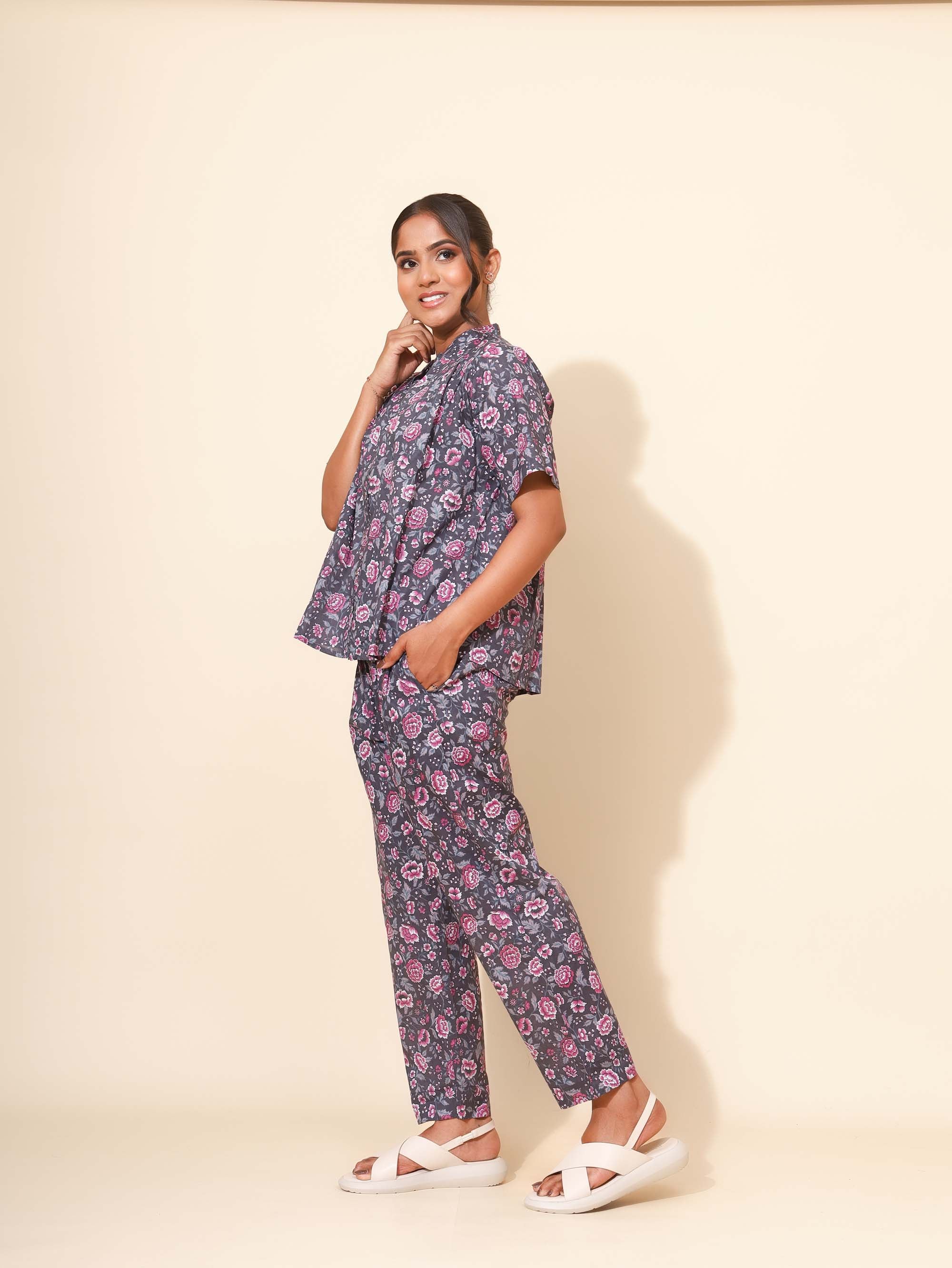 Yellow Bloom Rosy Night Bloom Co ord Pant Set for Women | Pyjama and Top | Gray and Pink with Flower Print| Daily Wear | Nuclear families/Hostels/PGs Wear | Travel Wear | Lounge Dress | Pure Cotton