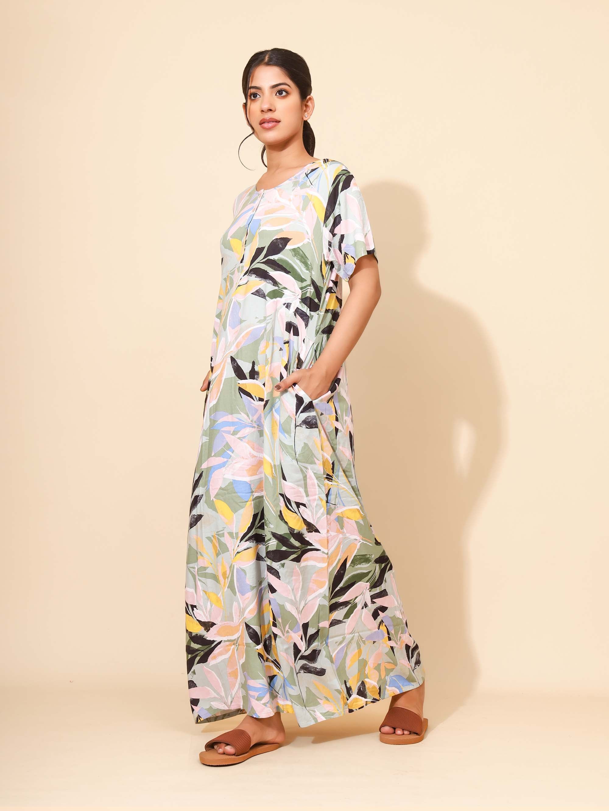 Yellow Bloom Whimsical Pastel Harmony Nighties for Women | Multicolor Maxi Dress | Leaf Print | Comfortable Daily Wear | Casual Wear | Ankle Length | Stylish Nighty | Button Closure | Front Placket