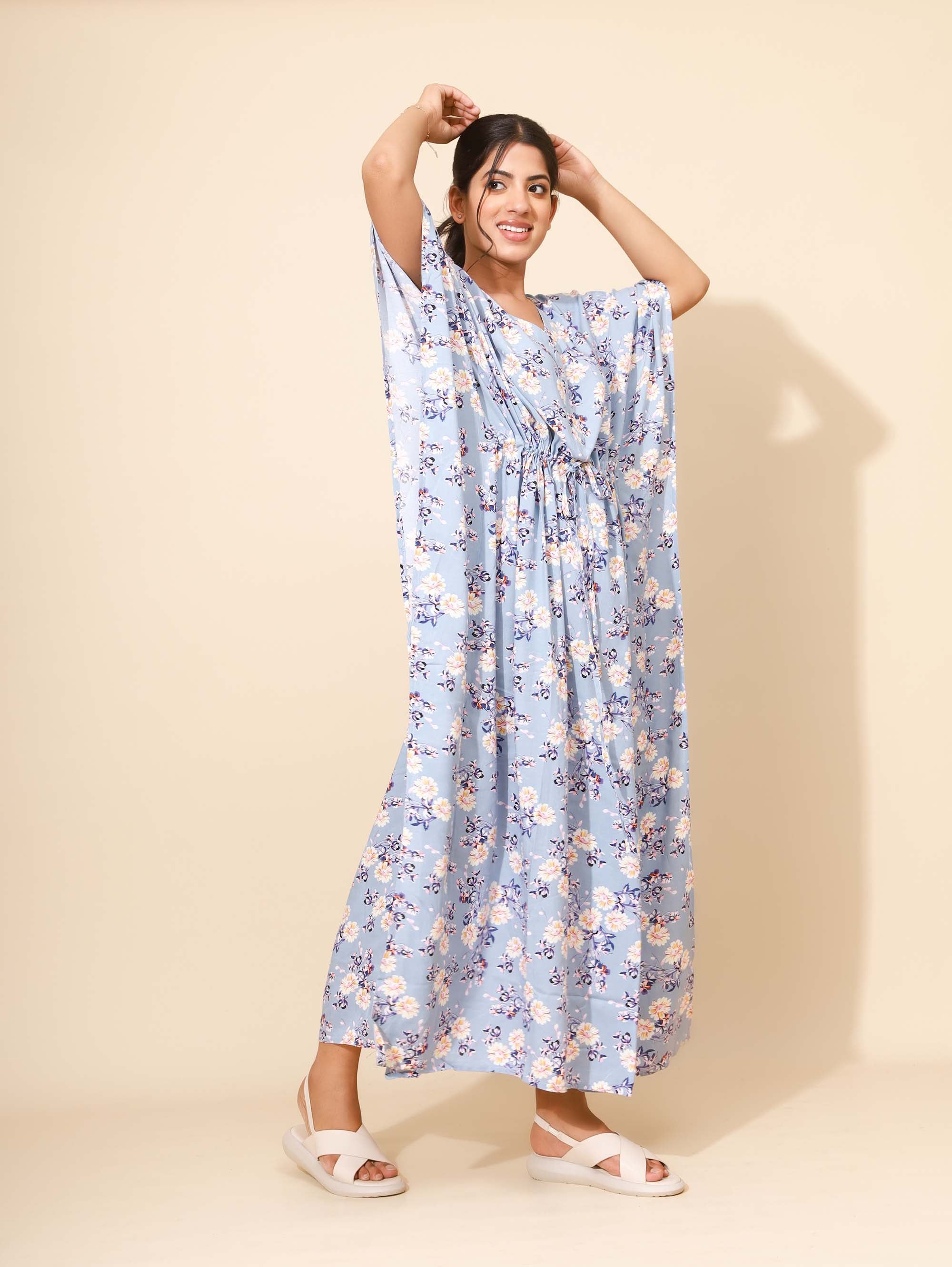 Yellow Bloom Sapphire Garden Kaftan Nighties for Women | Maxi Dress | Pink and White | Abstract Print | All-day Wear | Leisure & Travel Wear | Ankle Length | Versatile | Lounge Dress | Viscose | Rayon