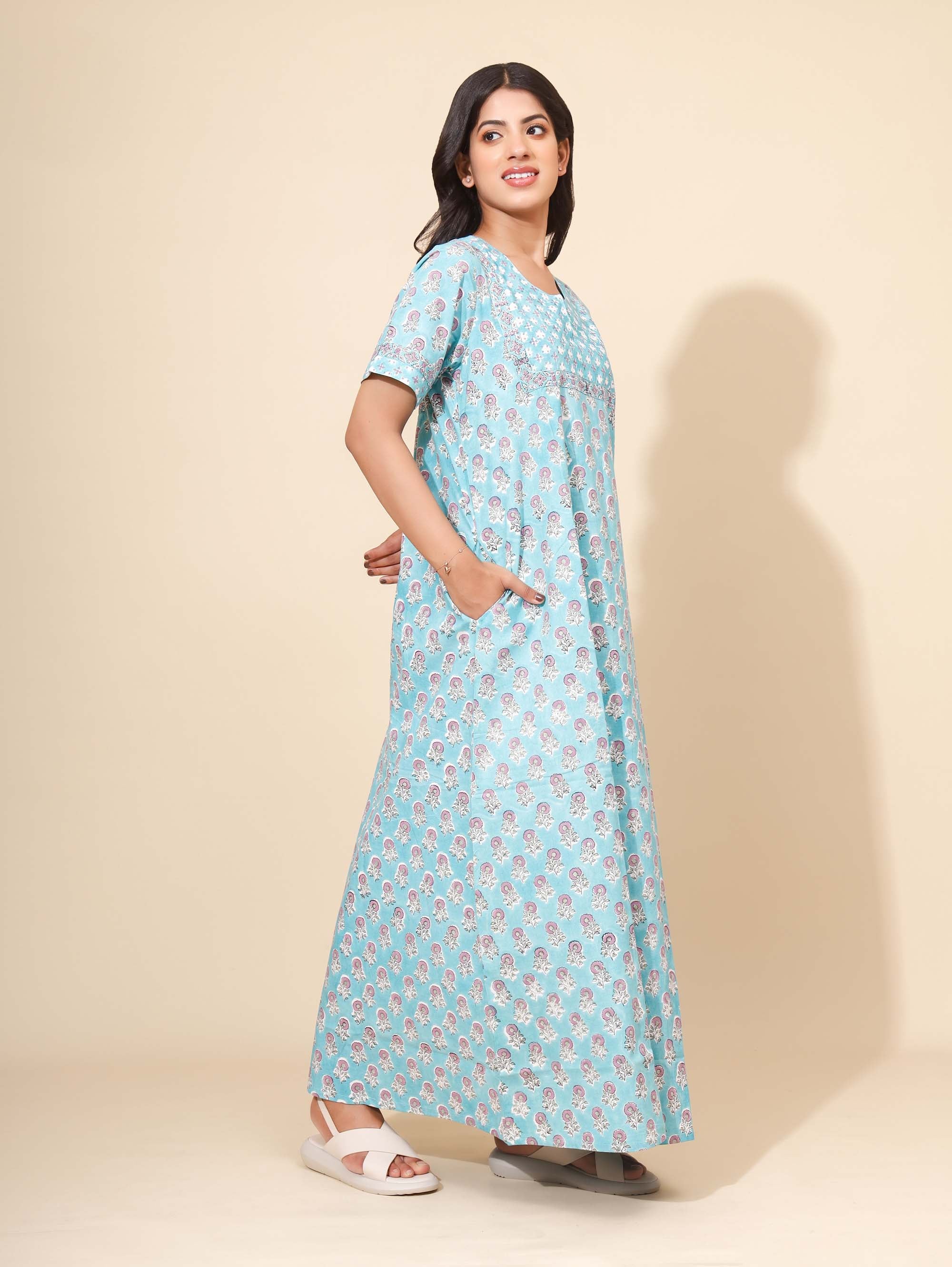 Yellow Bloom Celestial Bloom Nighties for Women | Maxi Dress | Blue & Mauve | Hand Block Print | Home Wear| Travel Wear | Ankle Length | Stylish Wear | Lounge Nighty | Pure Cotton