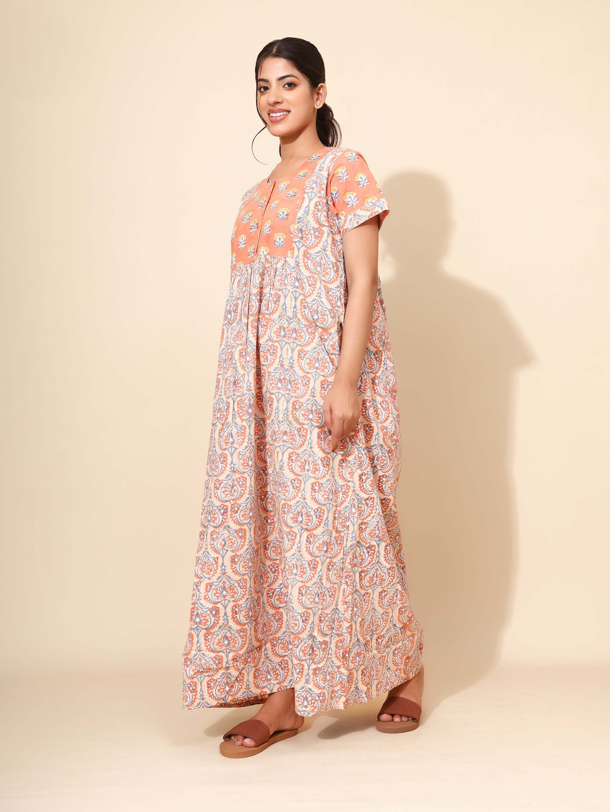 Yellow Bloom Citrus Mist Nighties for Women | Maxi Dress | Orange & Grey | Comfortable Daily Wear | Work from Home Wear | Ankle Length | Stylish Wear | Lounge Nighty | Pure Cotton