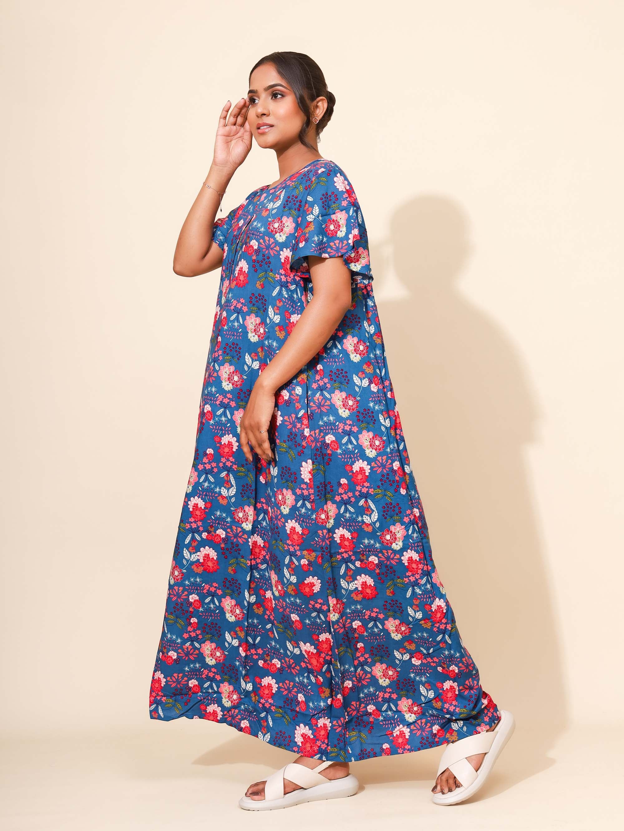 Yellow Bloom Sapphire Blossom Nighties for Women | Maxi Dress | Blue and Red with Floral Print  | All-day Comfortable Dress | Family Wear | Lounge Nighty | V Neck | Viscose