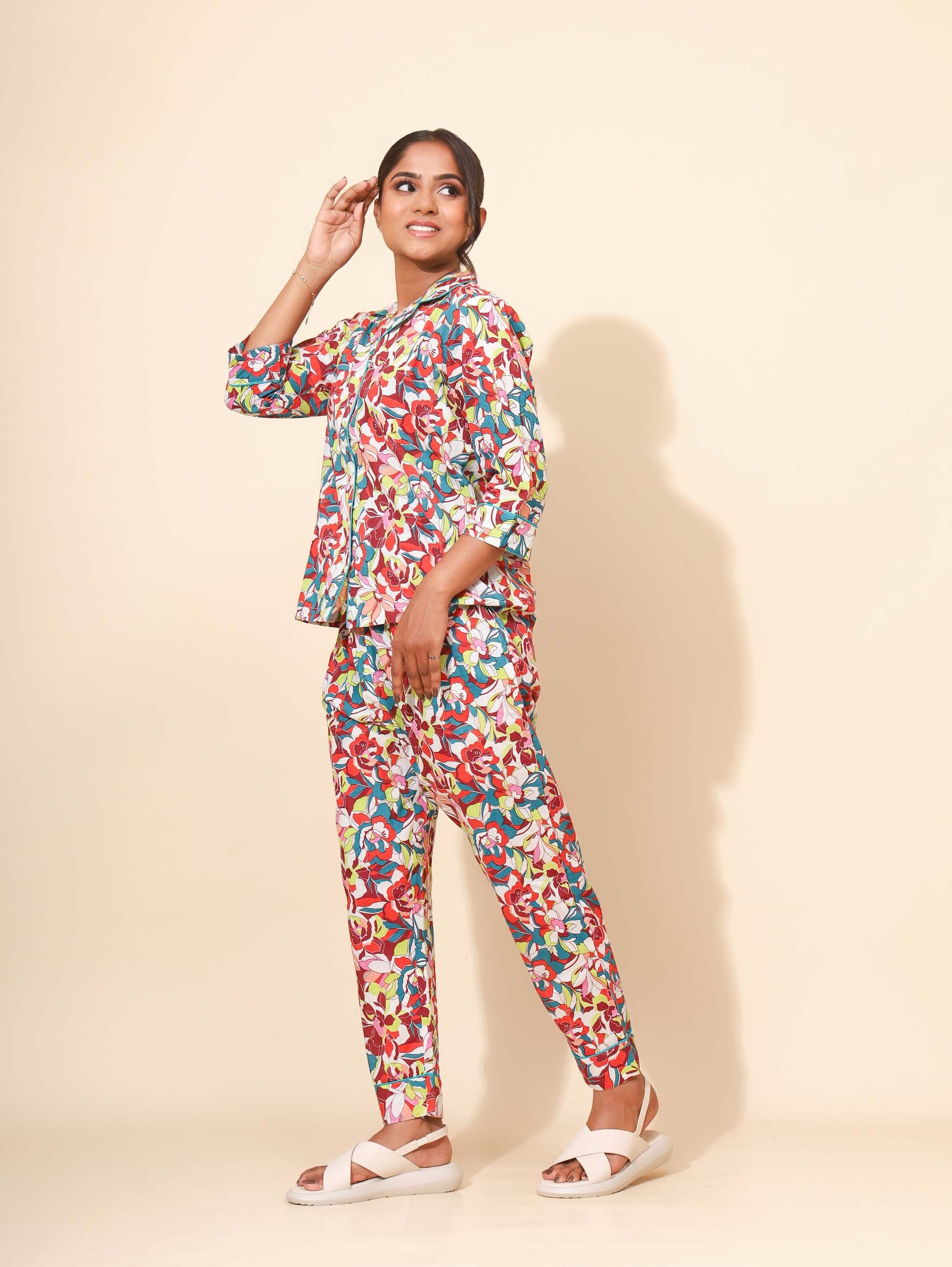 Yellow Bloom Rainbow Dream Co ord Pant Set for Women | Pyjama and Top | Multicolor with Flower Print| Travel Wear| Picnic Wear | Hostels/PGs Dress | Work-to-Sleep Wear | Pure Cotton