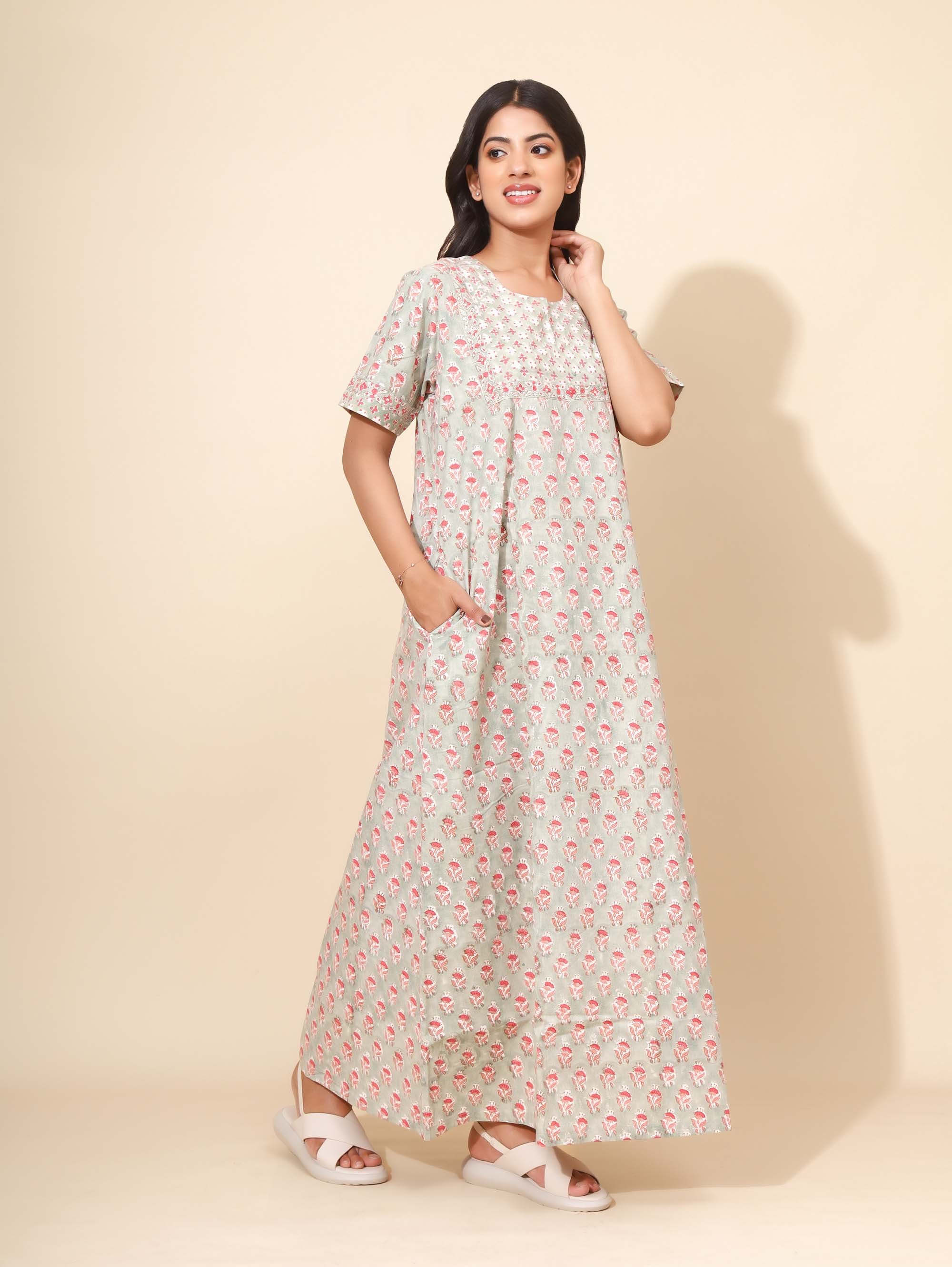 Yellow Bloom Emerald Blossoms Nighties for Women | Maxi Dress | Green & Red | Comfortable Daily Wear | Home Wear | Travel Wear | Ankle Length | Stylish Nighty | Lounge Wear | Pure Cotton