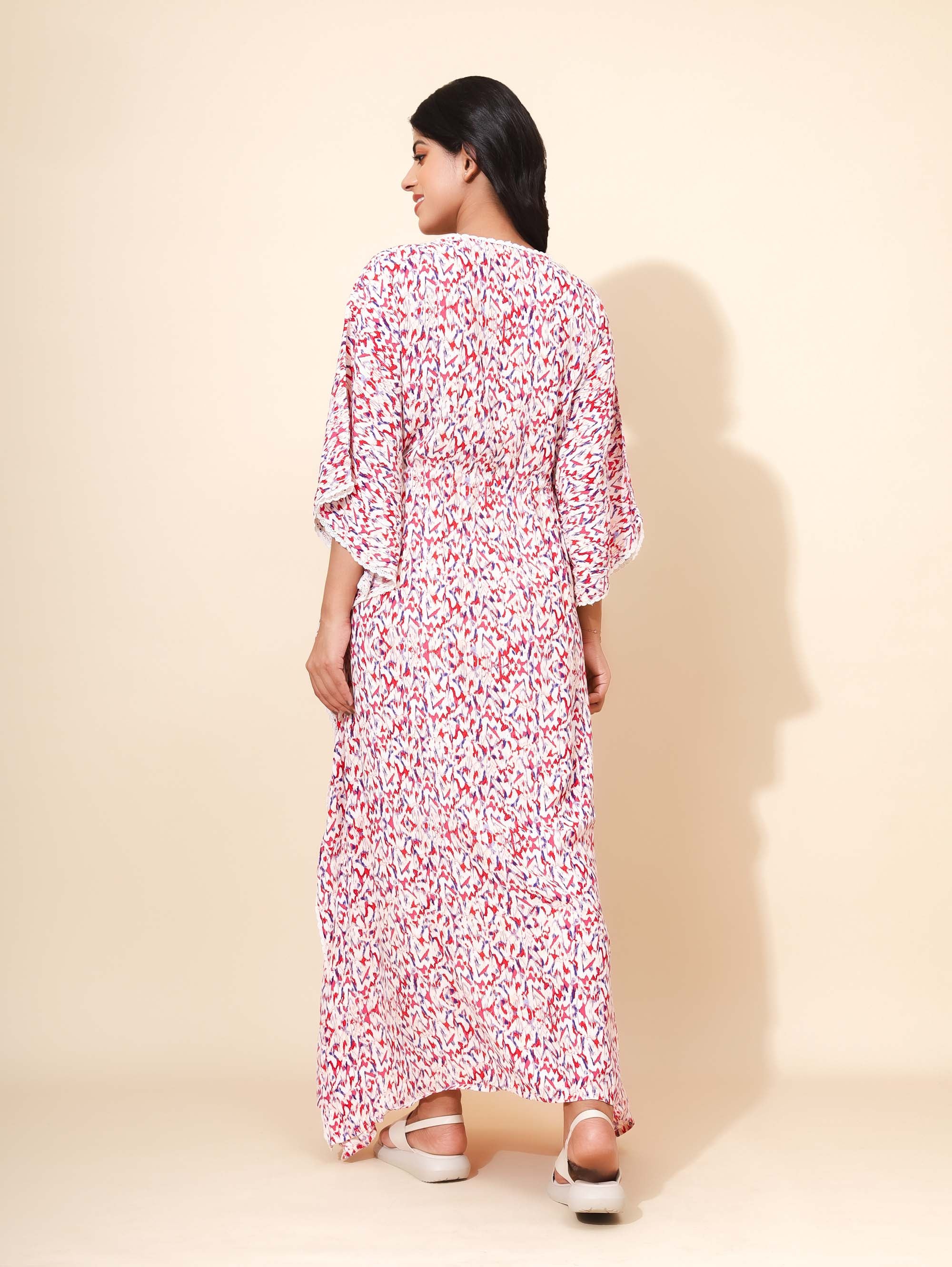 Yellow Bloom Royal Rose Kaftan Nighties for Women | Maxi Dress | Pink and White | Abstract Print with Lace | Daily Wear | Ankle Length | Work from Home Wear | Lounge Nighty | Beach Cover-up | Viscose