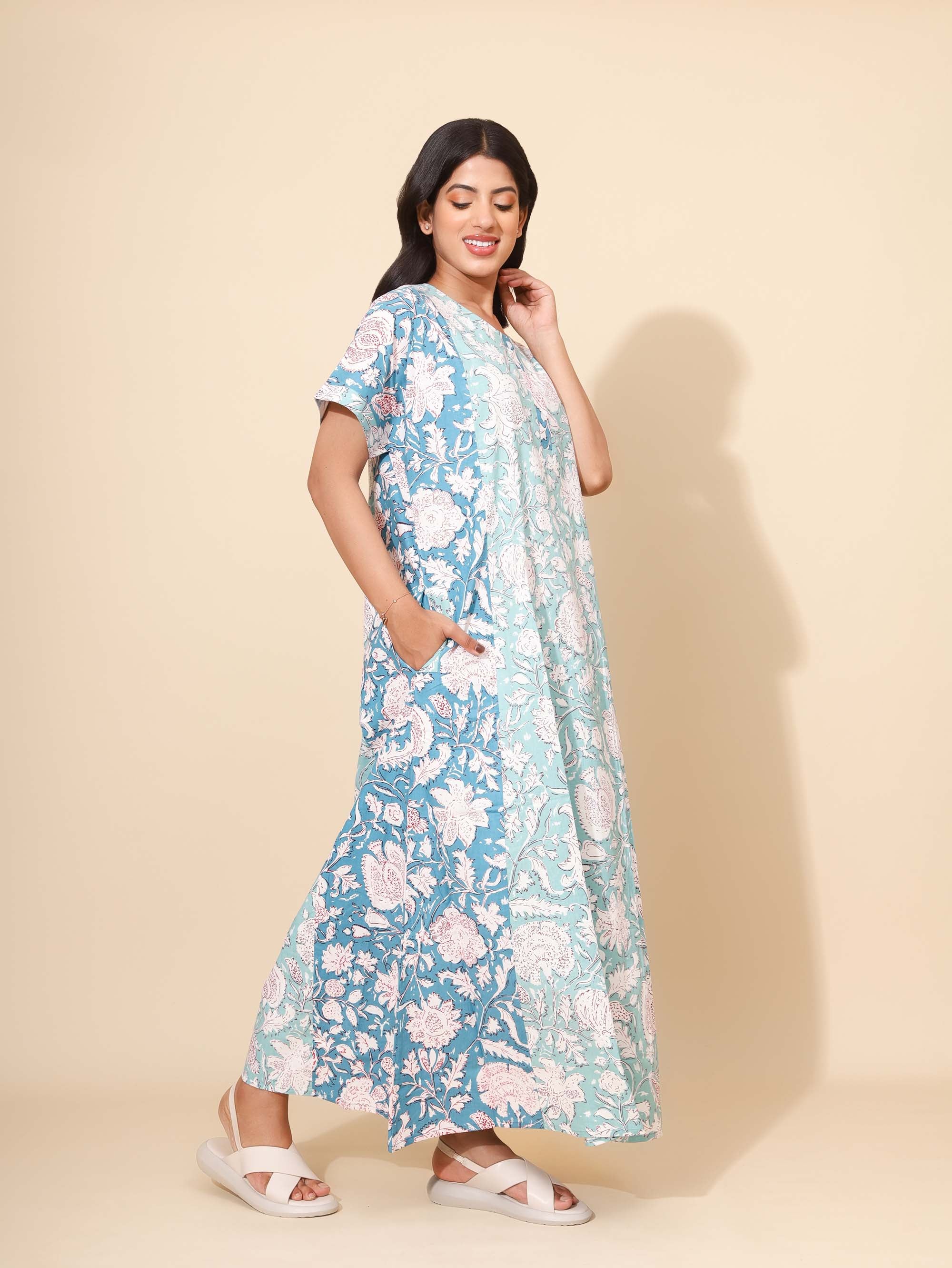 Yellow Bloom Aqua Marine Serenity Nighties for Women | Long Dress | Aqua Blue & Sea Green | Comfortable and Stylish Wear | Ankle Length | Nightgown | Floral Prints | Pure Cotton