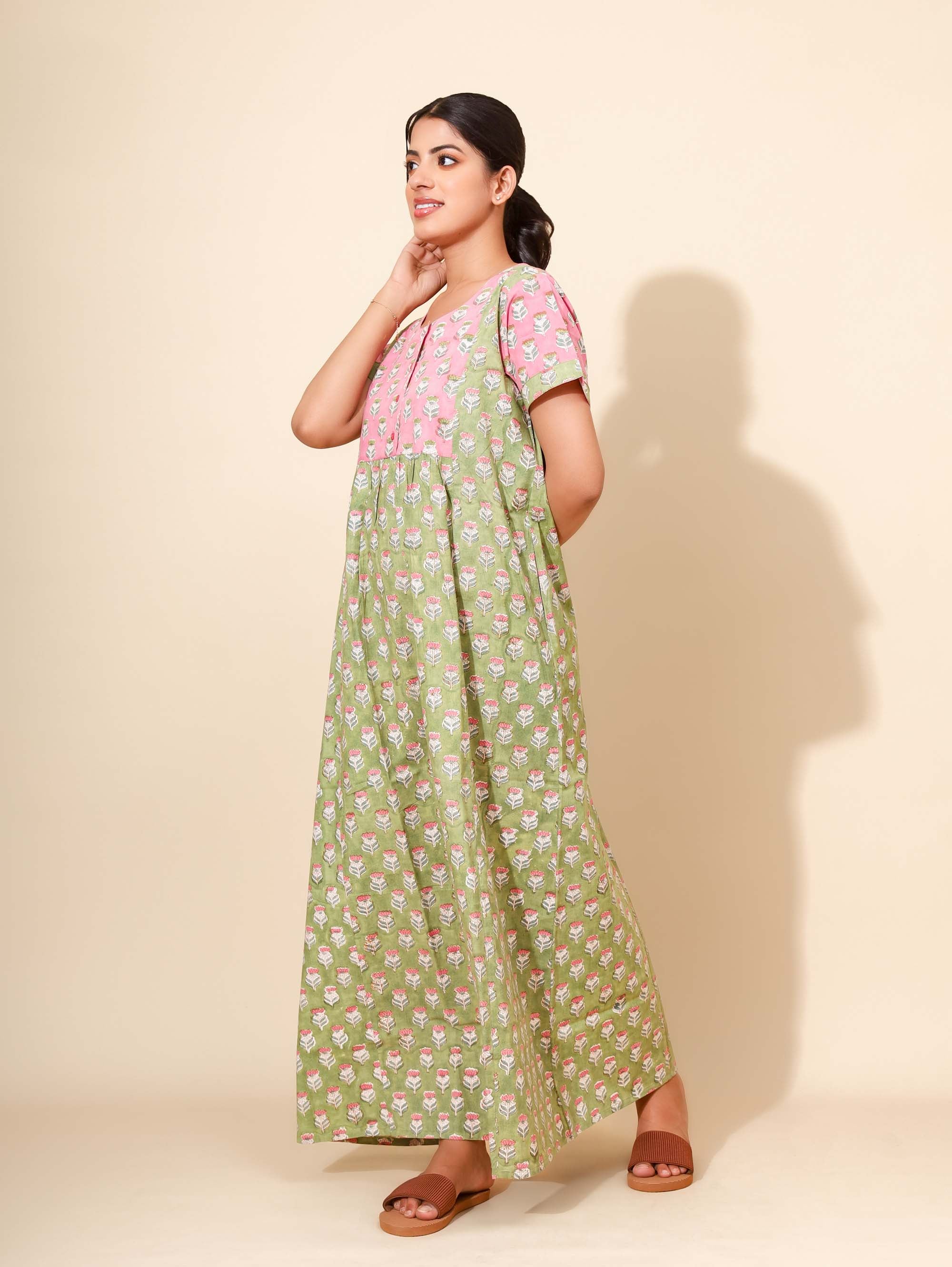 Yellow Bloom Pastel Petal Nighties for Women | Maxi Dress | Green and Pink | Hand Block Print | All-day Comfortable Wear | Ankle Length | Stylish Wear | Lounge Nighty | Pure Cotton