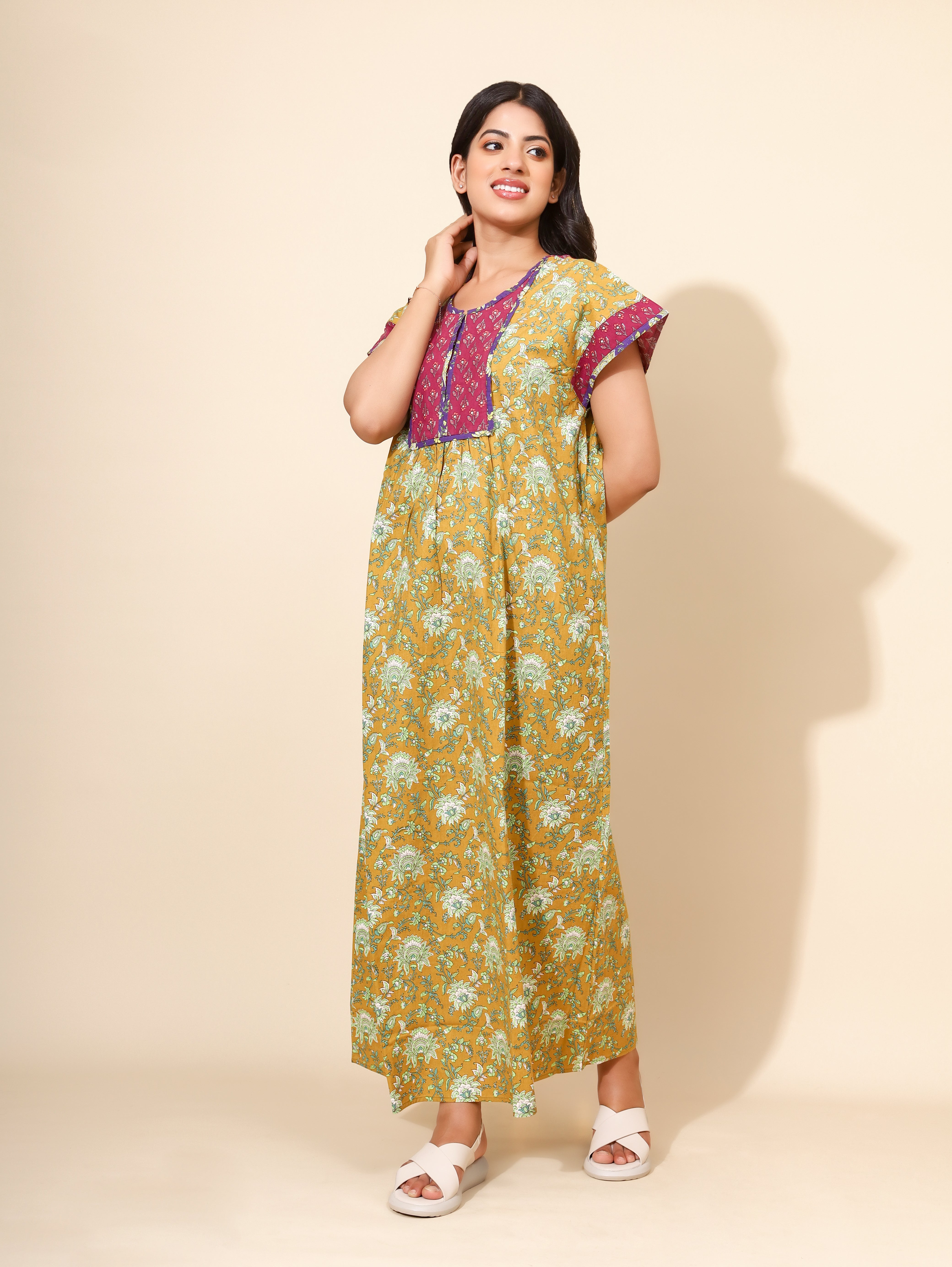 Yellow Bloom Sunlit Olive Fusion Bliss for Women | Green & Maroon | Maxi Dress | All-day Dress | Work from Home Wear | Stylish Home Nighty | Ankle Length | Aesthetic Appeal | Pure Cotton