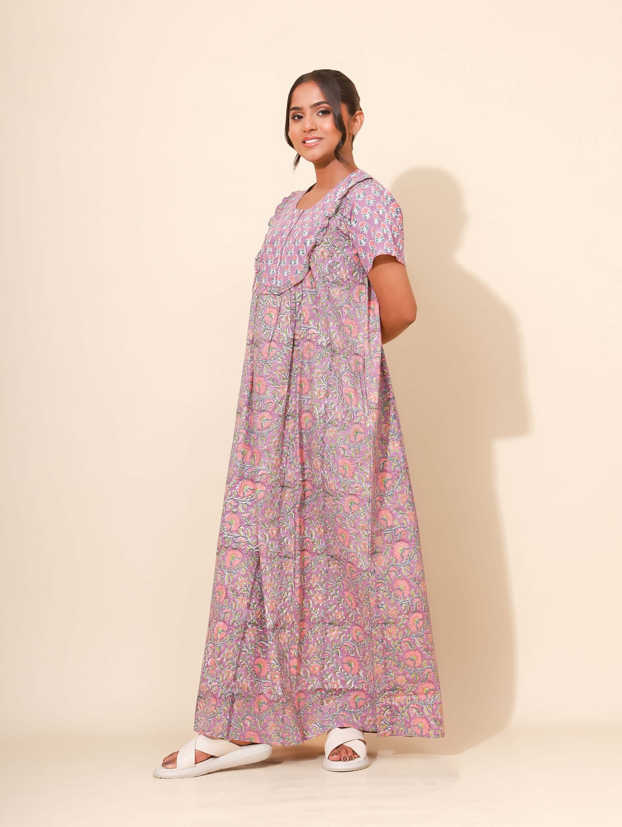 Yellow Bloom Sprint Orchid Nighties for Women | Maxi Dress | Purple and Pink | Floral Print | All-day Wear | Nightgown | Ankle Length | Family Wear | Stylish and Versatile | Pure Cotton