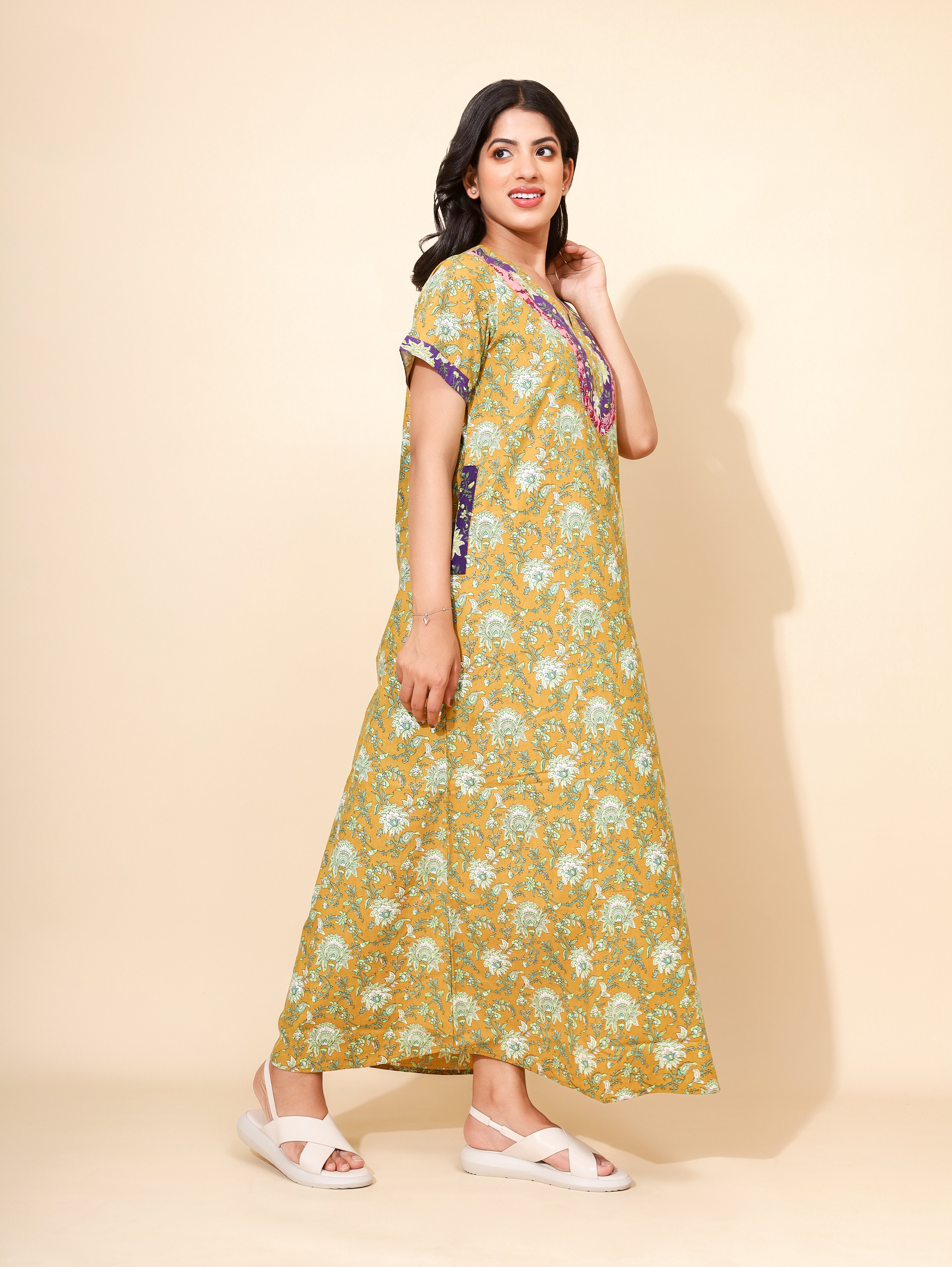 Yellow Bloom Golden Fern Bouquet for Women | Green | Maxi dress | Flower Print with Patchwork | All-day Nighty |Stylish Home/Hostel Wear | Ankle Length | Nightgown | Front Placket | Pure Cotton